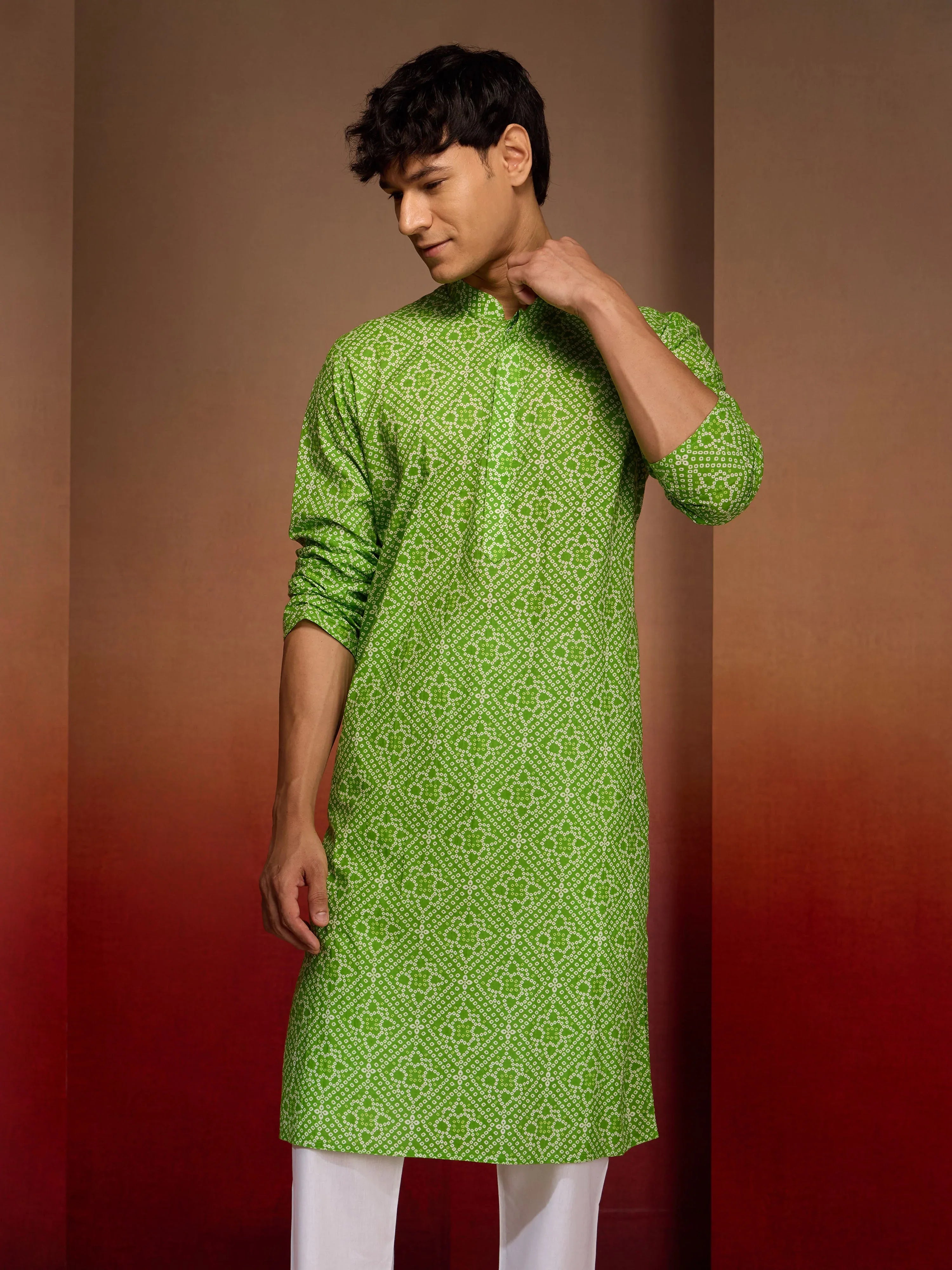Men's Green Cotton Cambric Bandhani Kurta