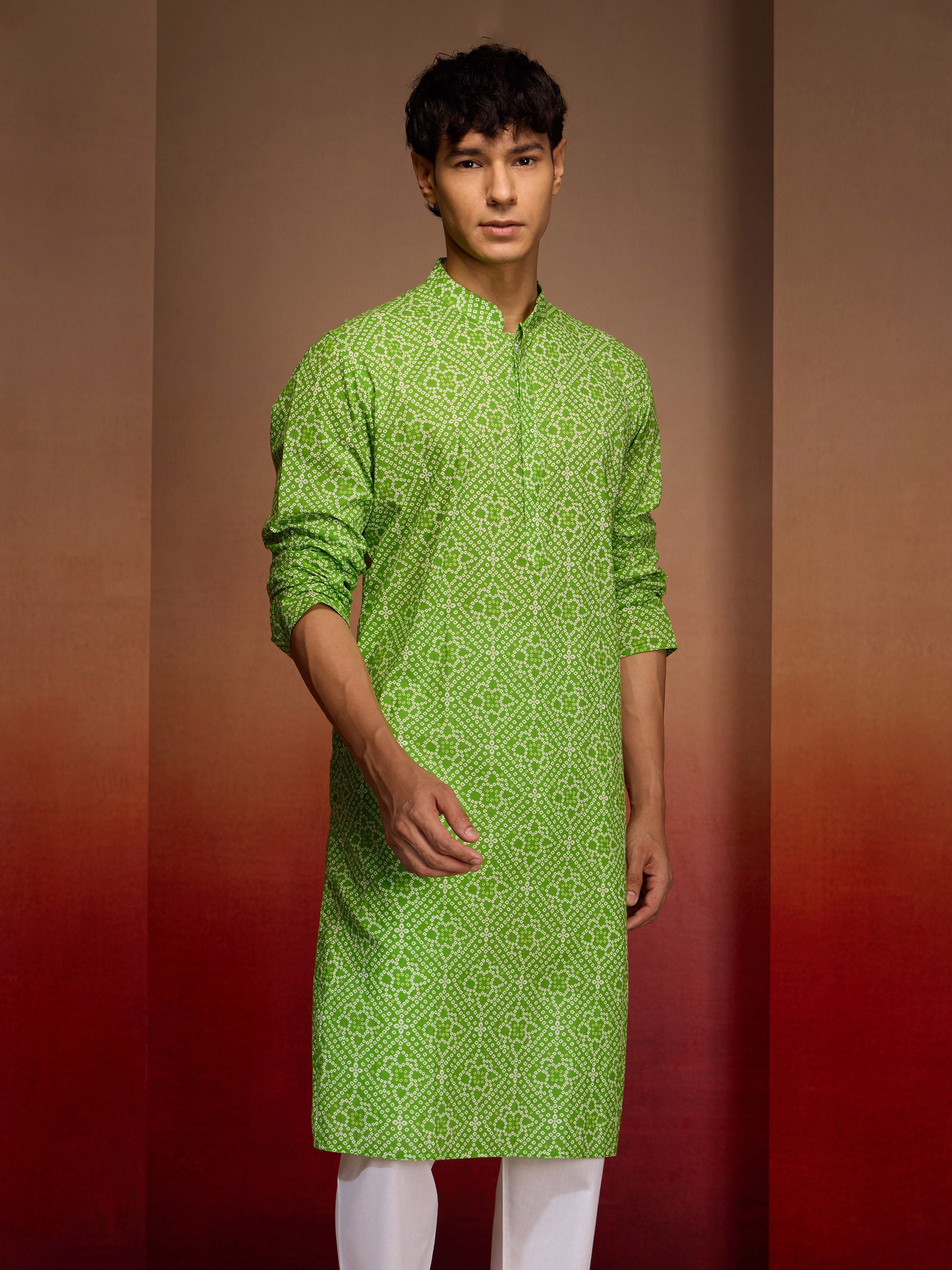 Men's Green Cotton Cambric Bandhani Kurta