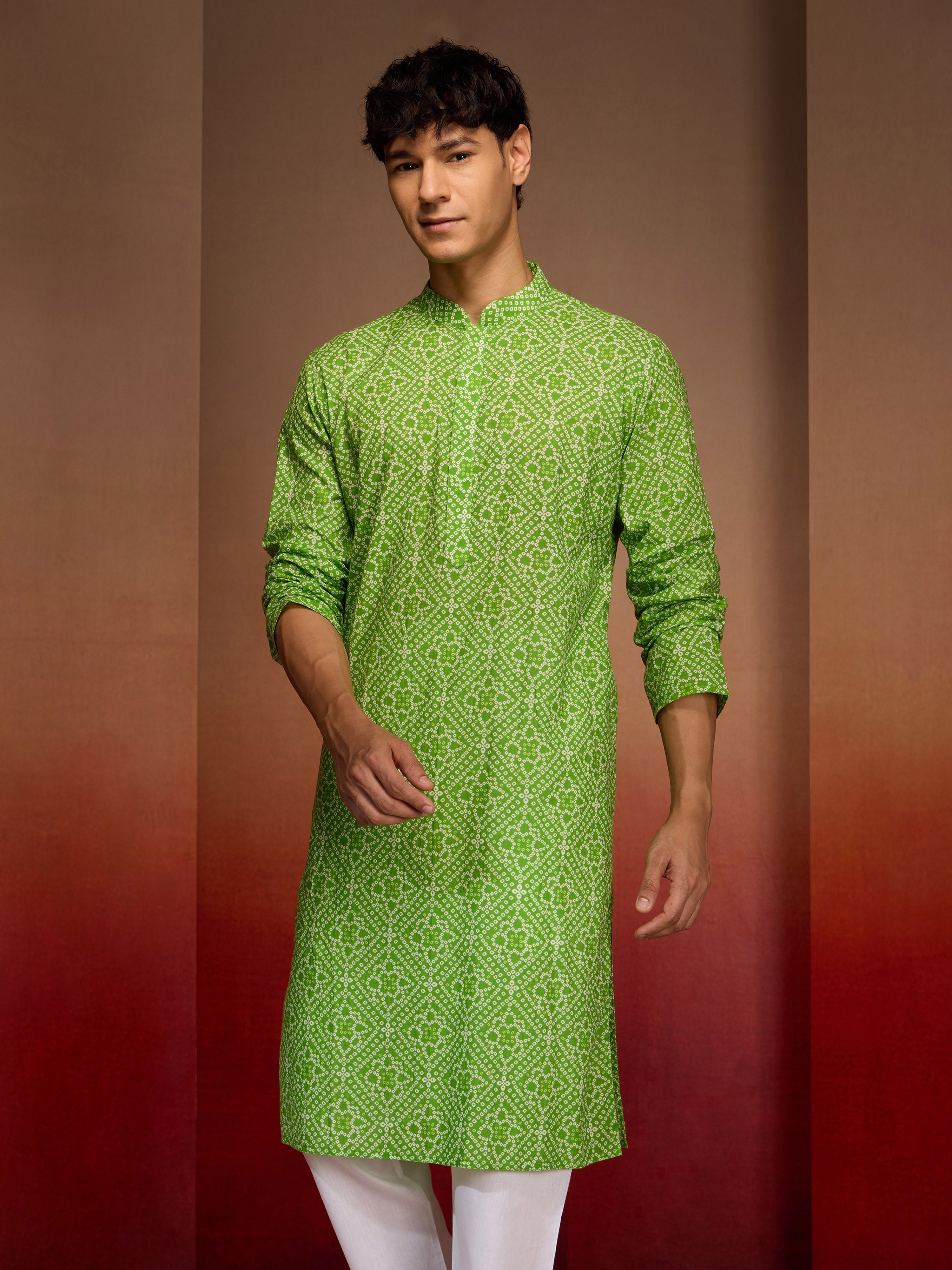 Men's Green Cotton Cambric Bandhani Kurta