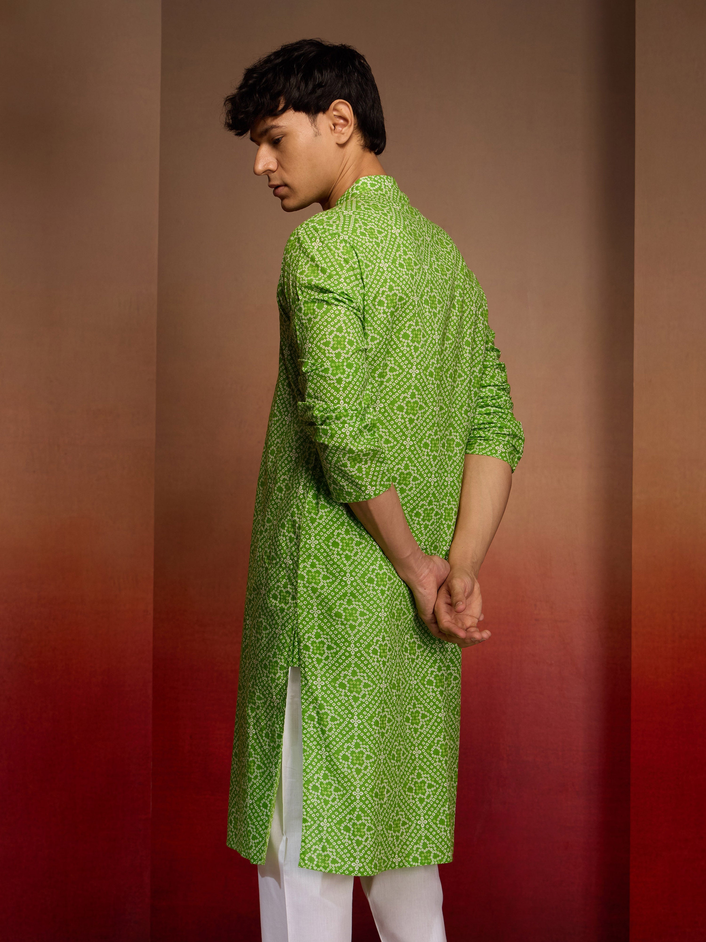 Men's Green Cotton Cambric Bandhani Kurta