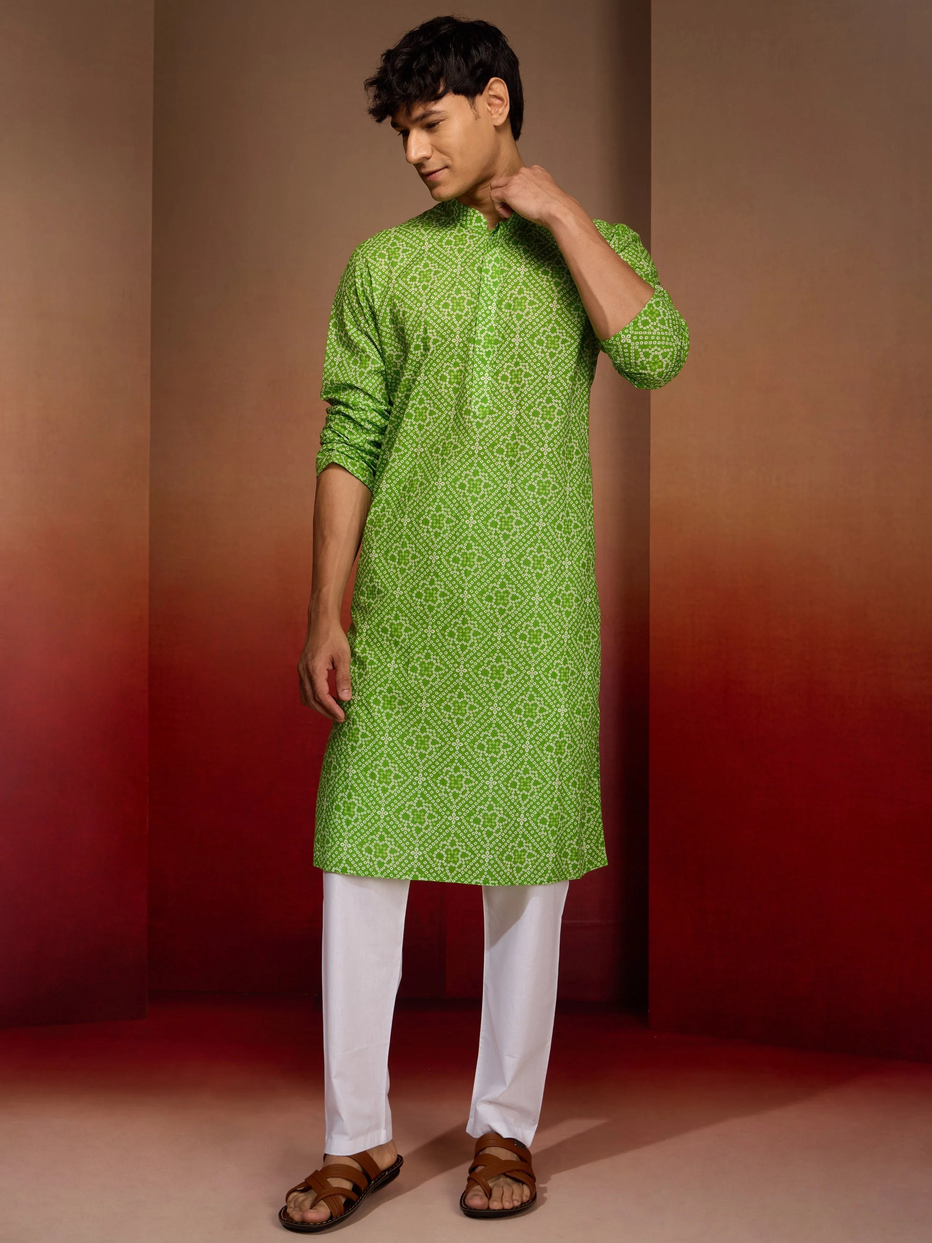 Men's Green Cotton Cambric Bandhani Kurta