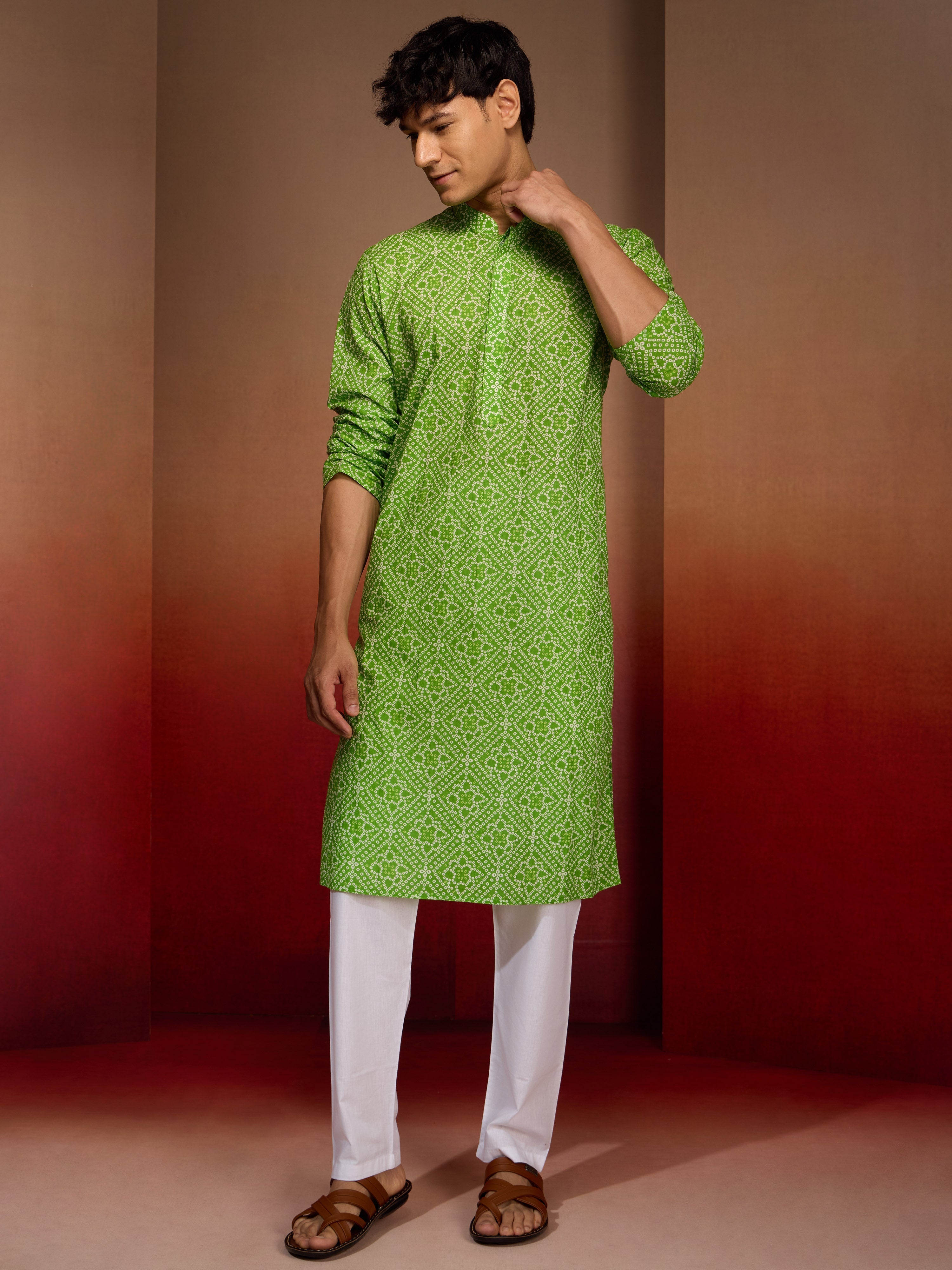 Mens Green Bandhani Kurta with Pyjama