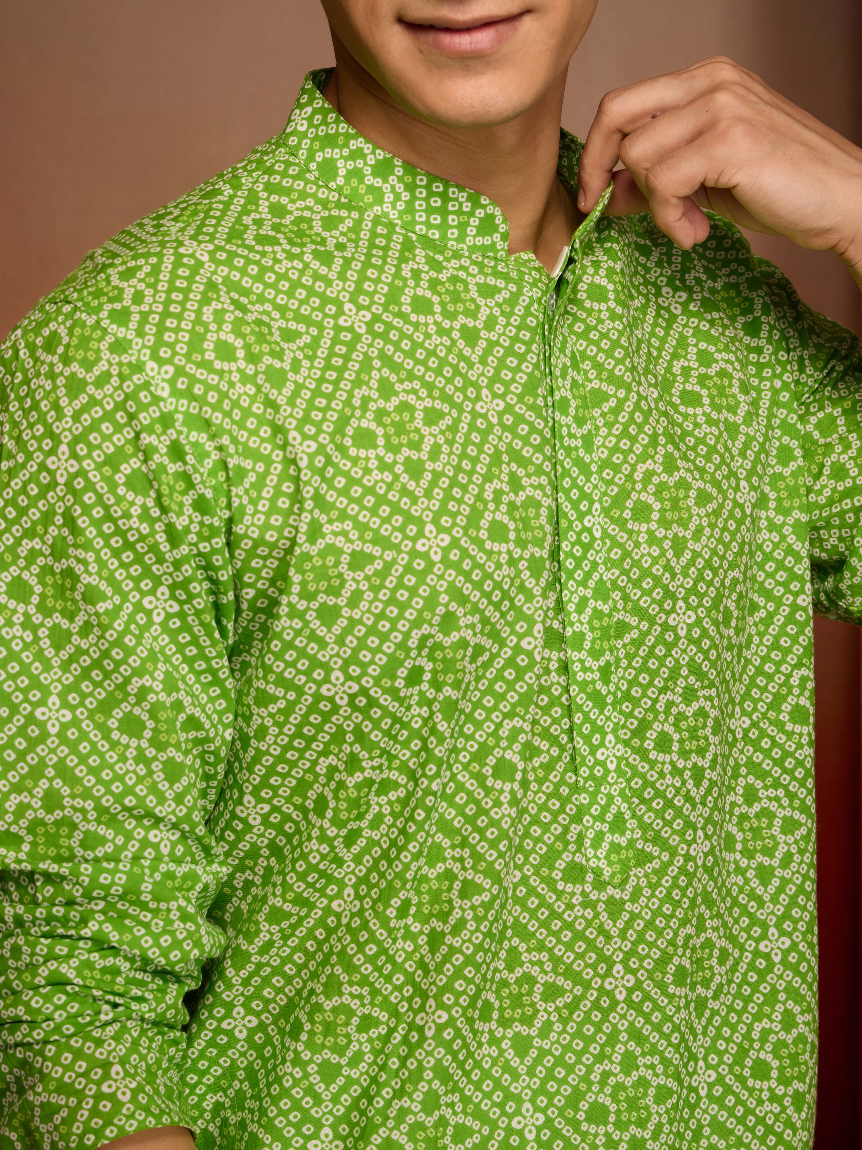Mens Green Bandhani Kurta with Pyjama