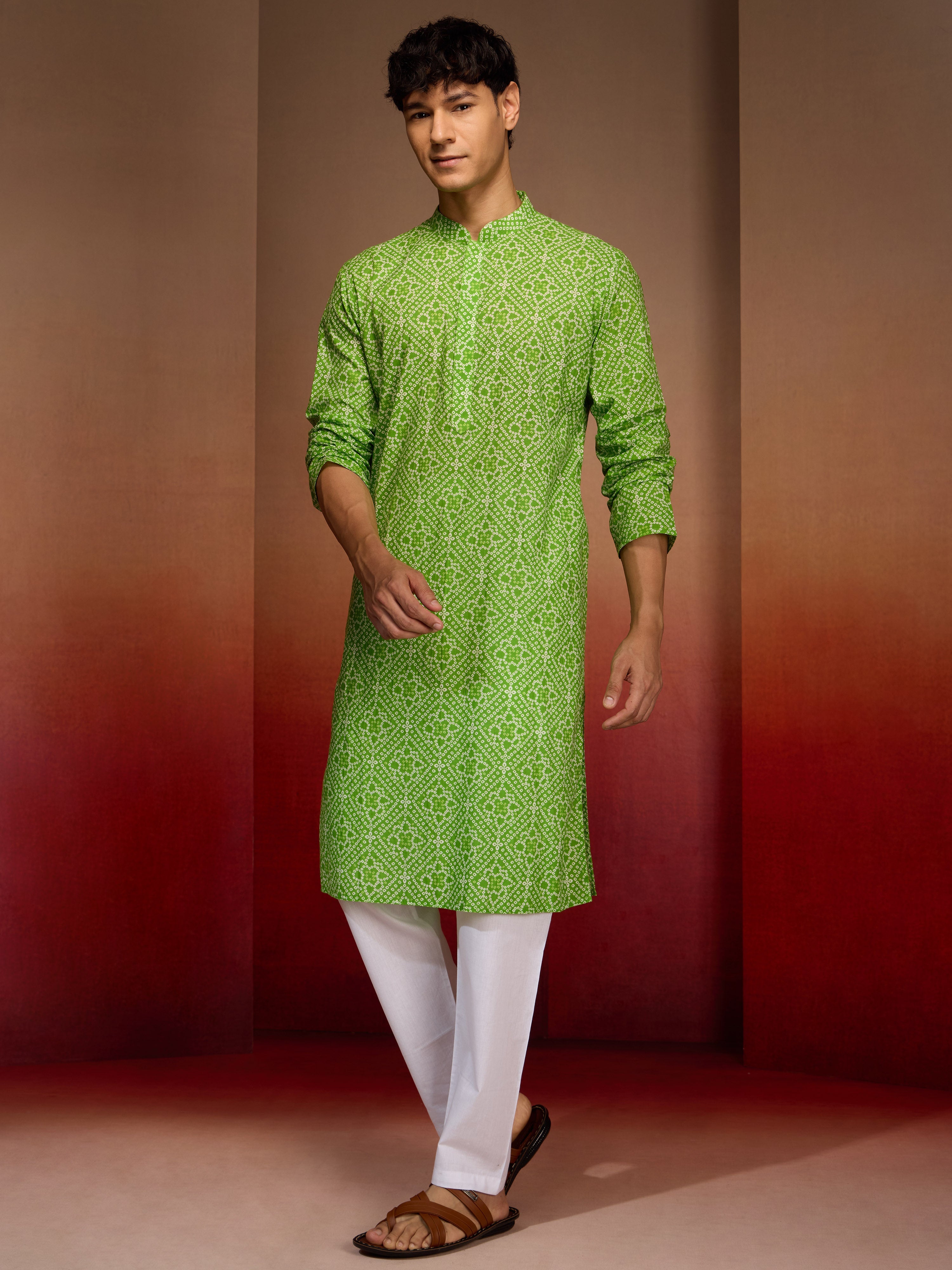 Mens Green Bandhani Kurta with Pyjama