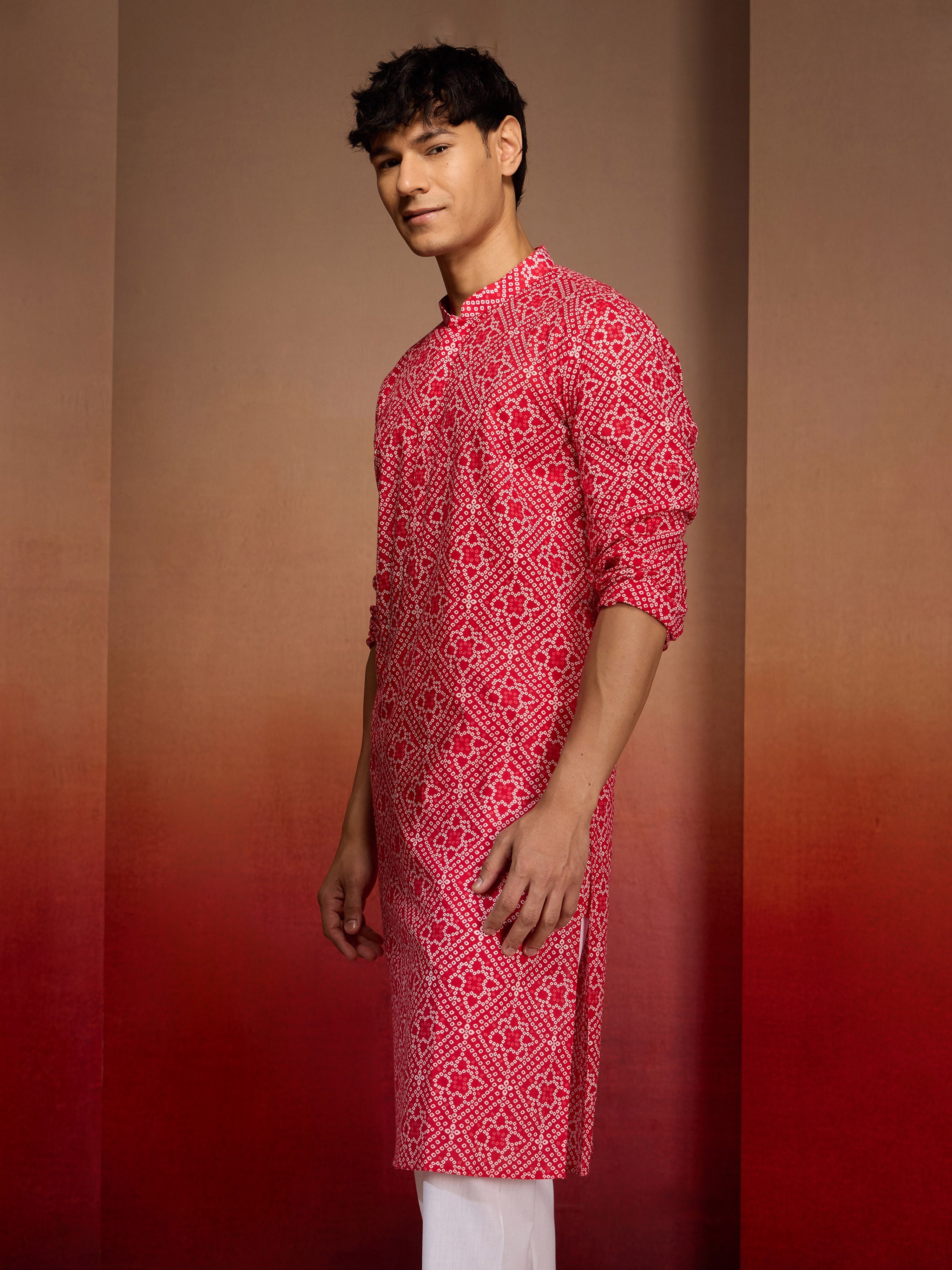 Men's Red Cotton Cambric Bandhani Kurta