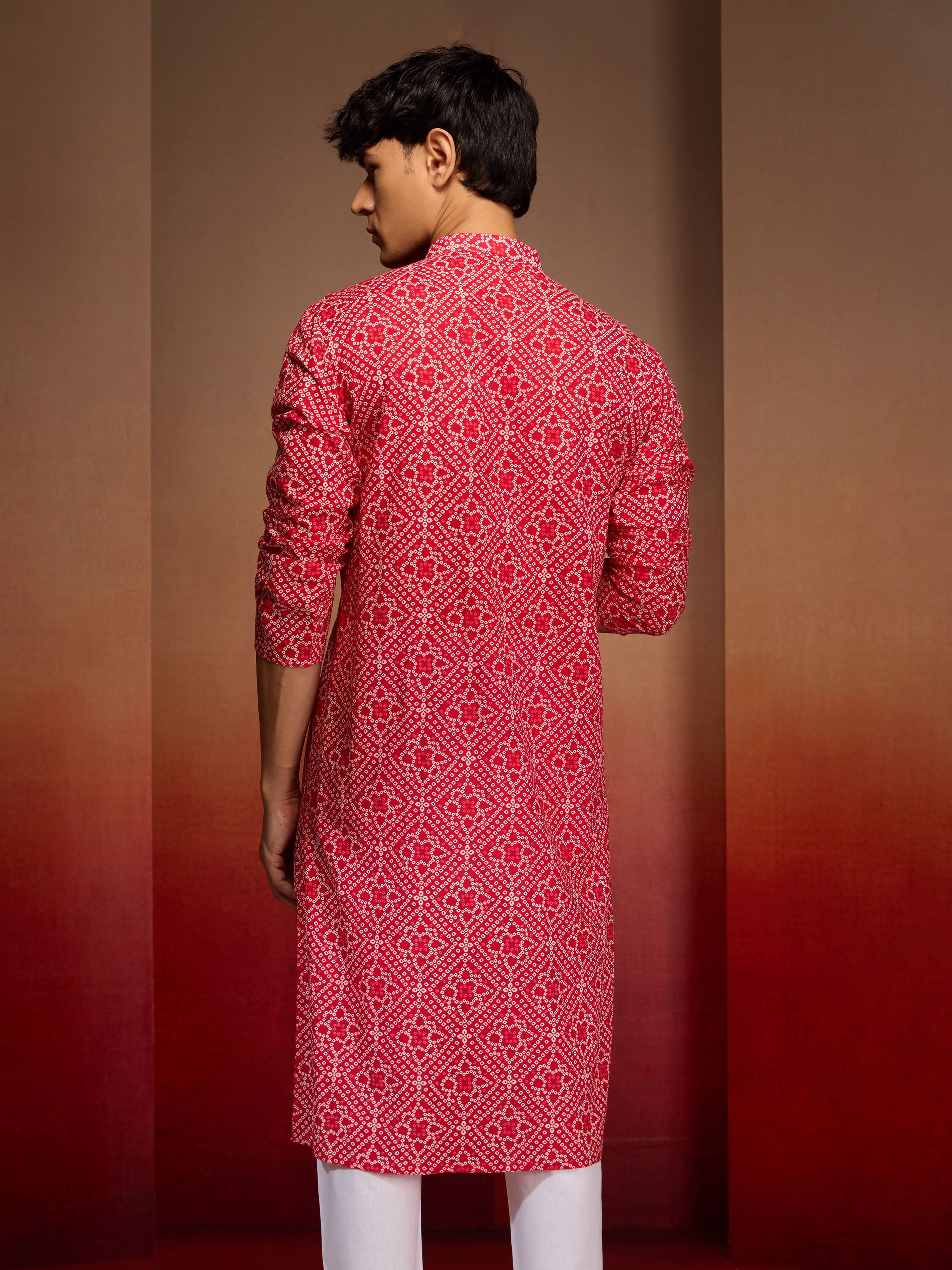 Men's Red Cotton Cambric Bandhni Kurta