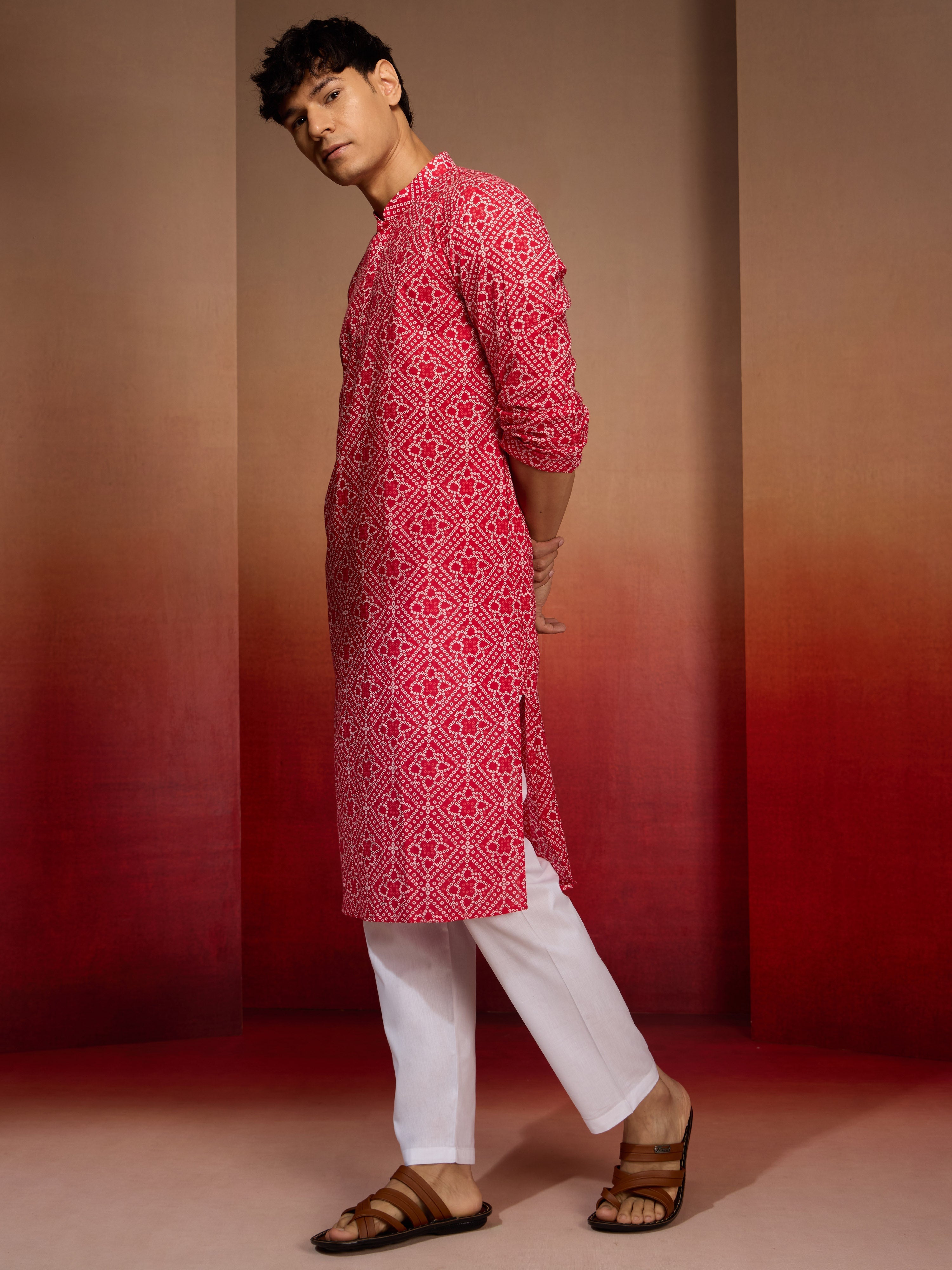 Men's Red Cotton Cambric Bandhani Kurta