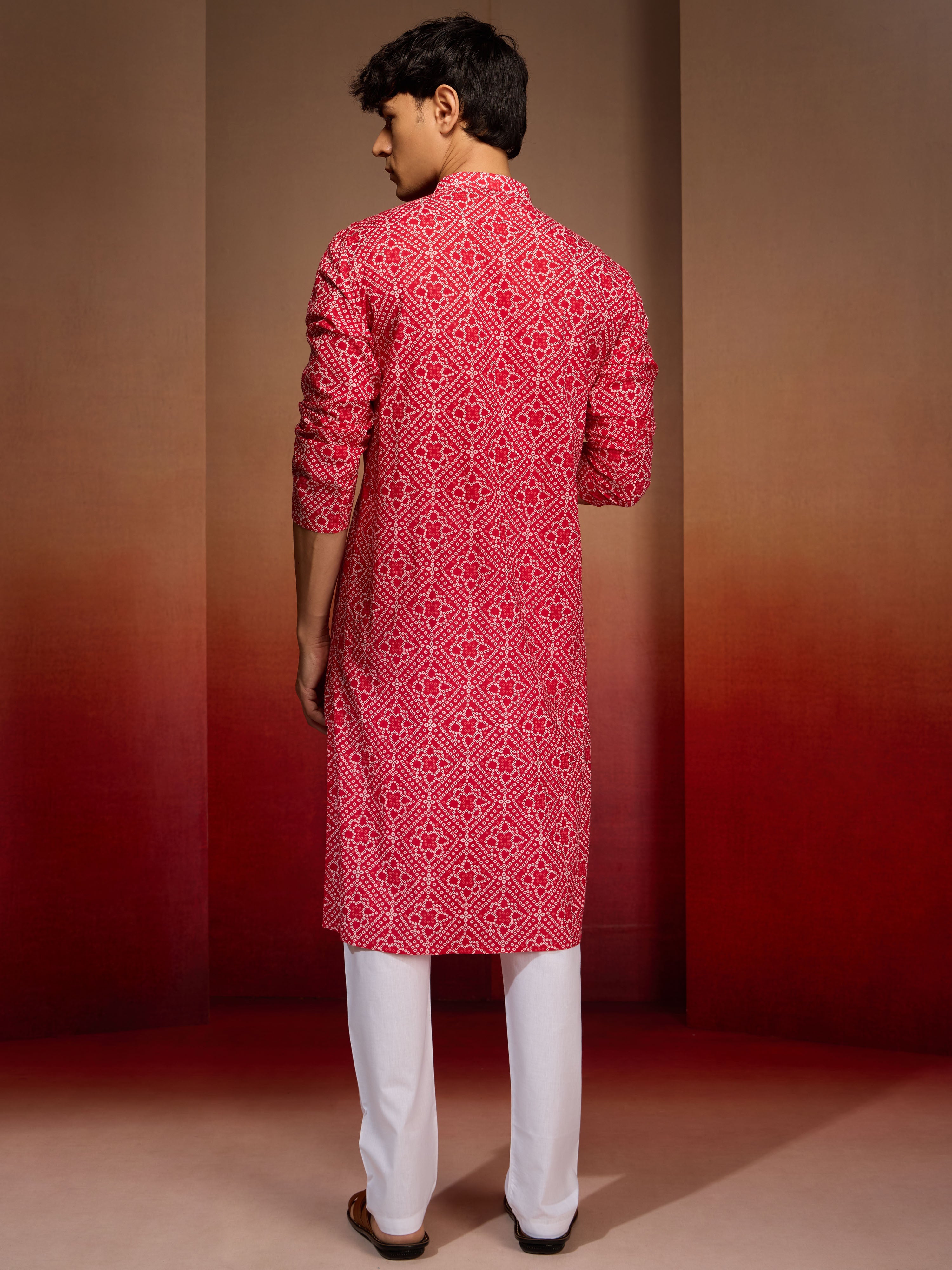 Men's Red Bandhni Kurta Pyjama Set