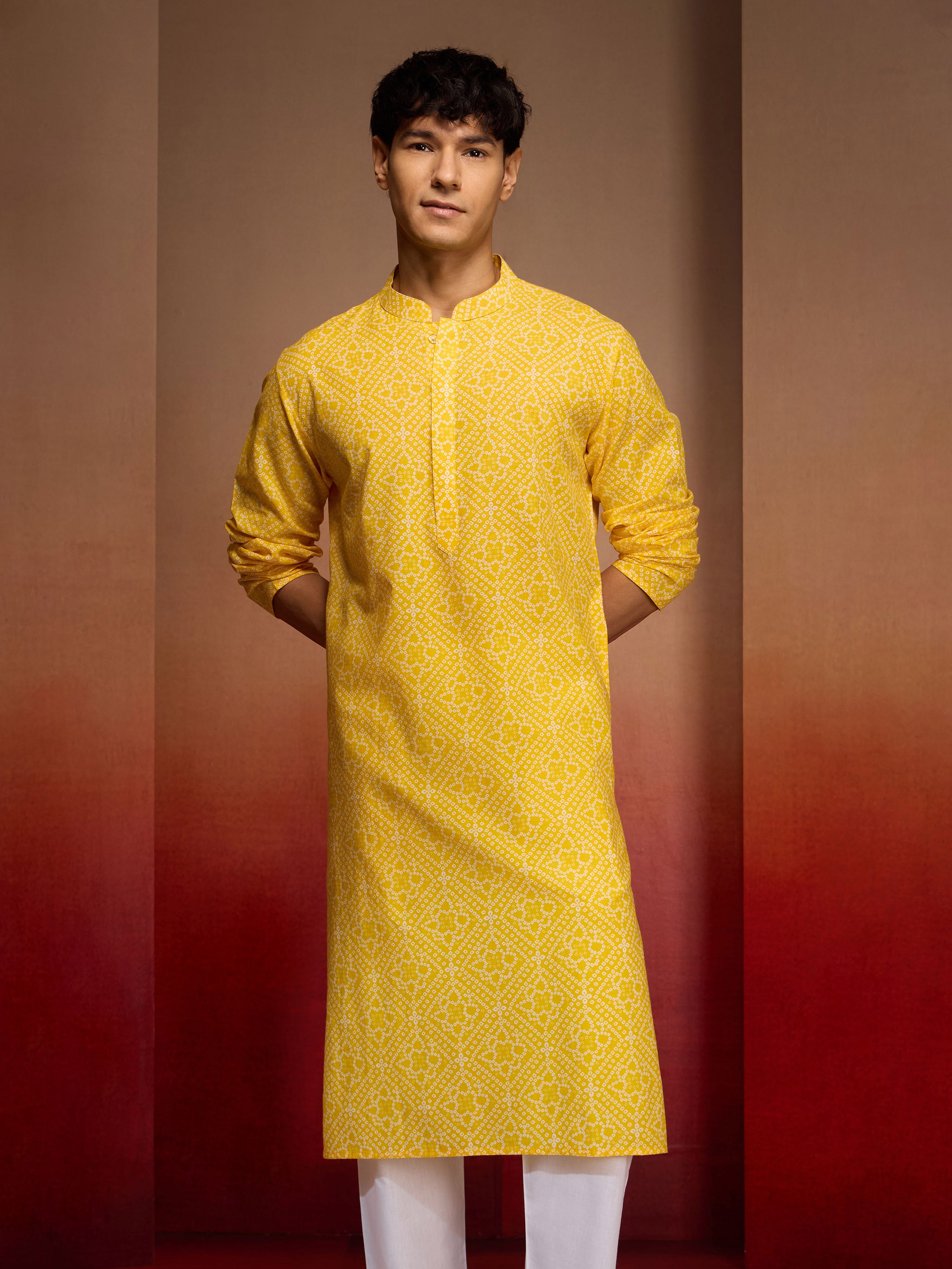 Men's Yellow Cotton Cambric Bandhni Kurta