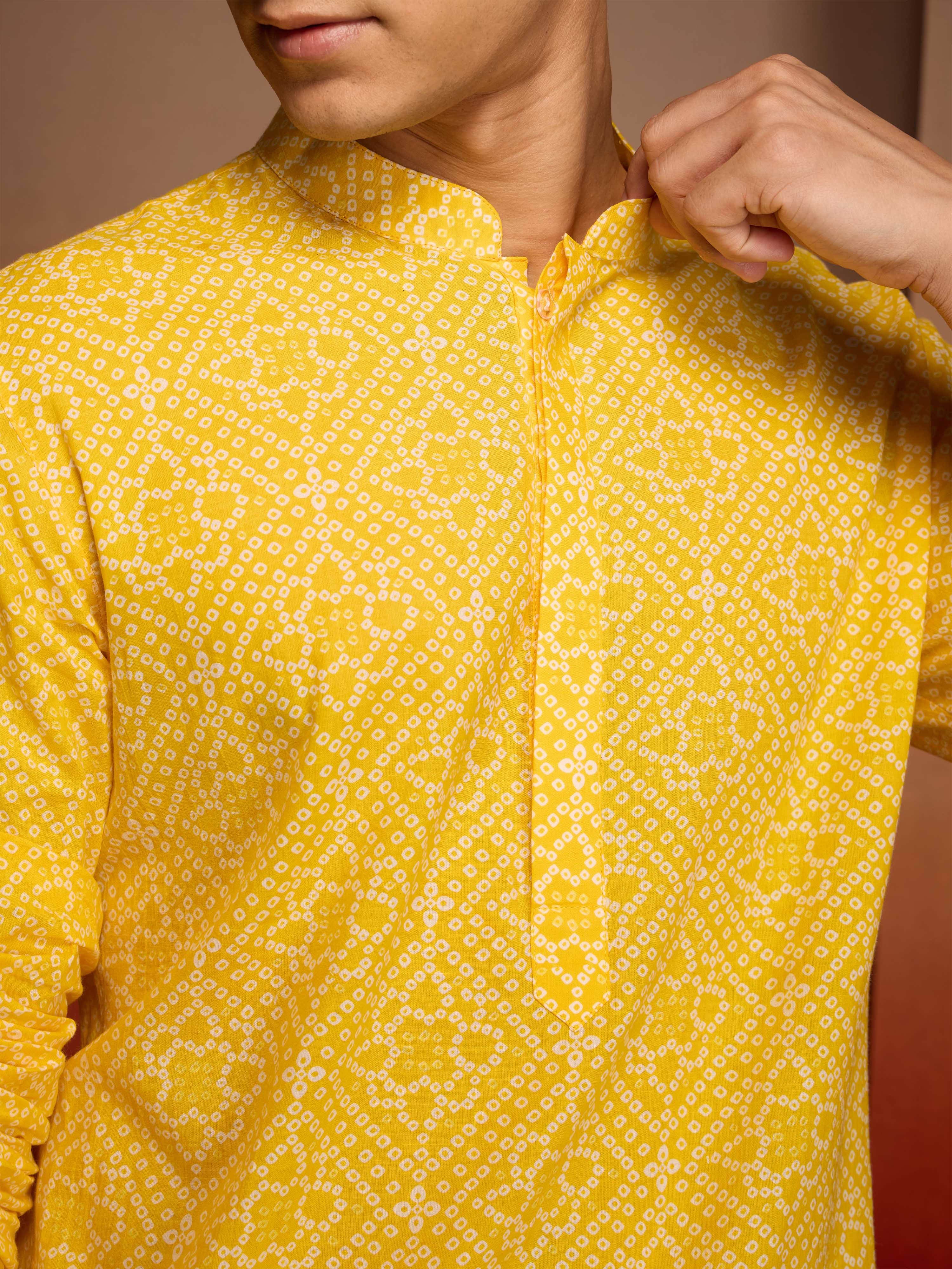 Men's Yellow Cotton Cambric Bandhni Kurta