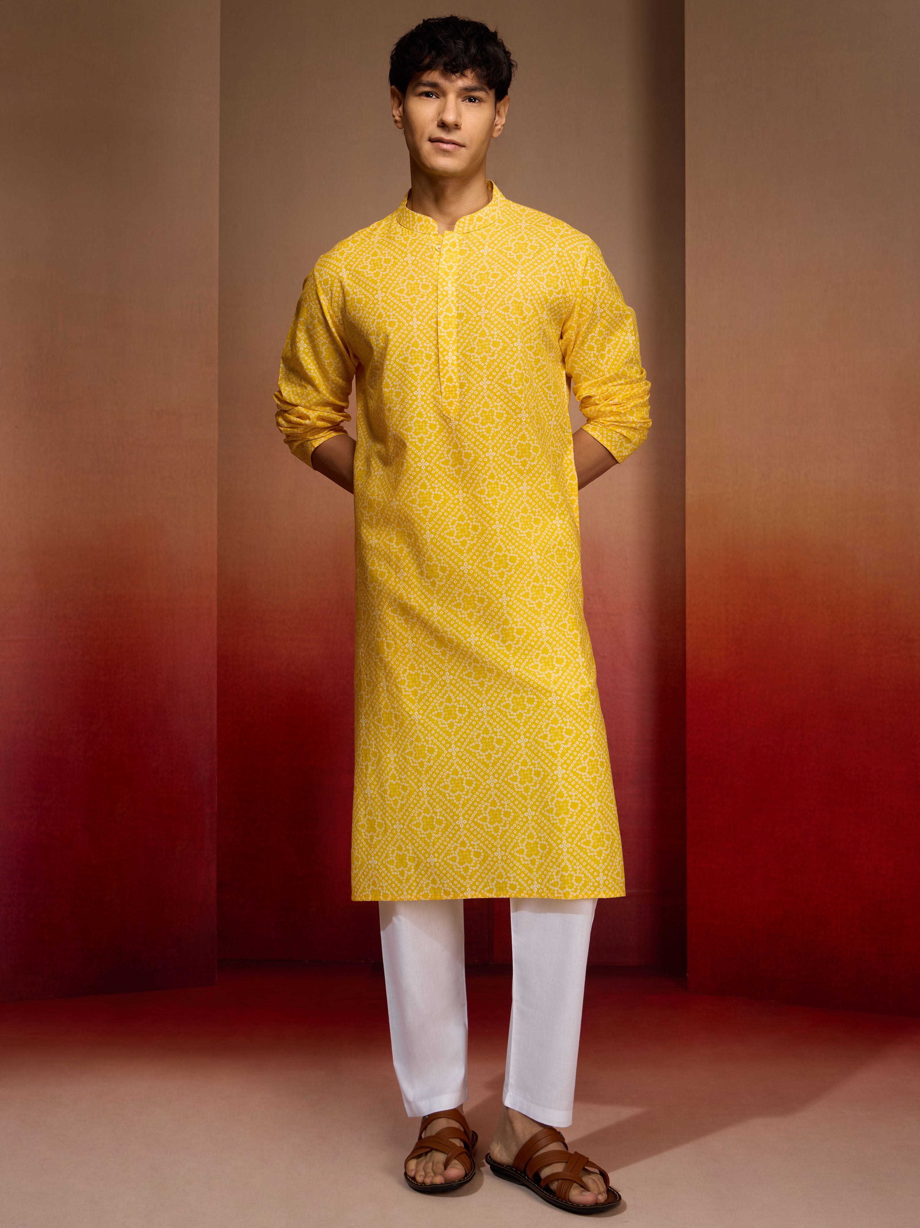 Men's Yellow Bandhni Kurta with Pyjama Set