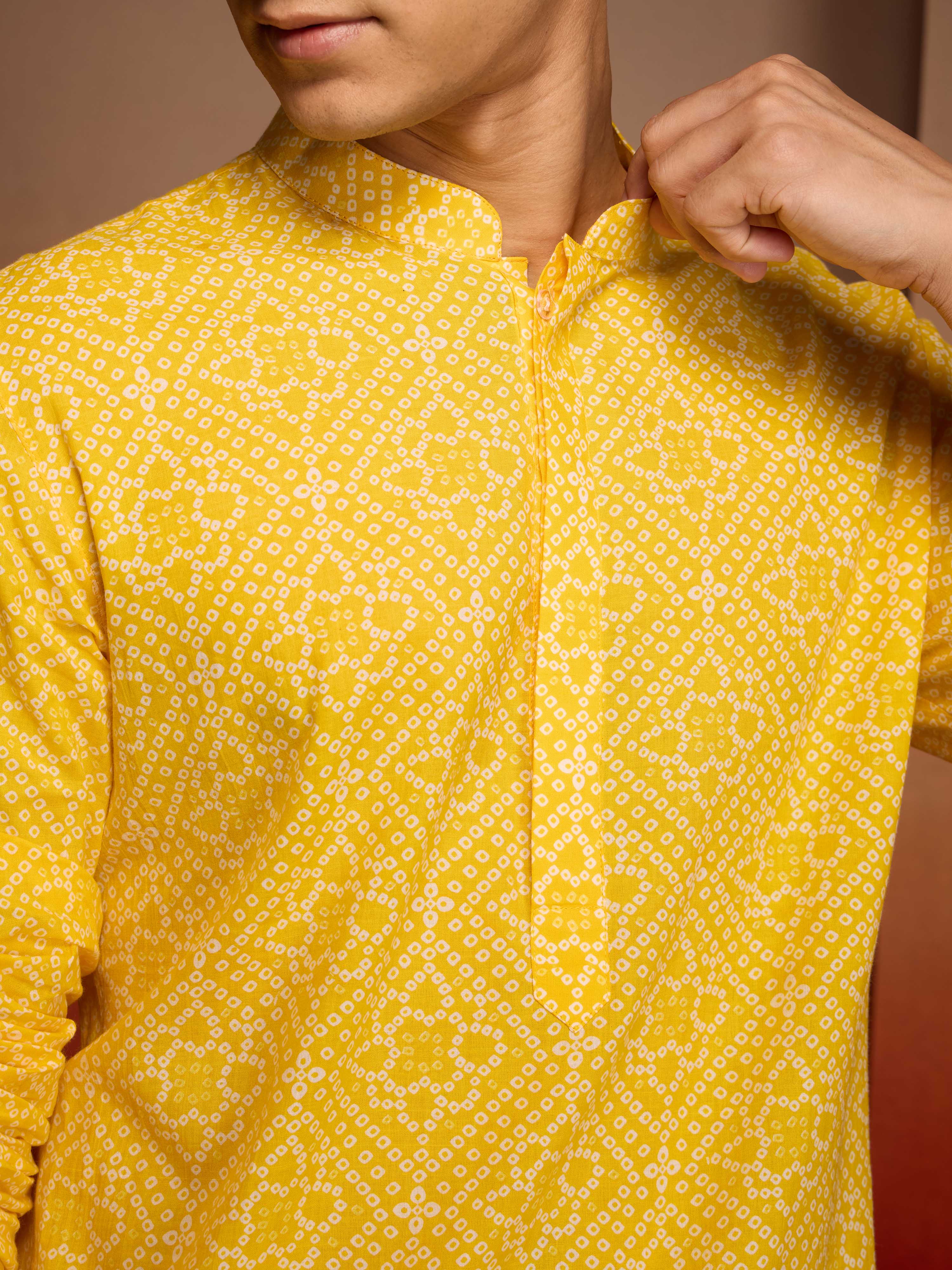Men's Yellow Bandhni Kurta with Pyjama Set