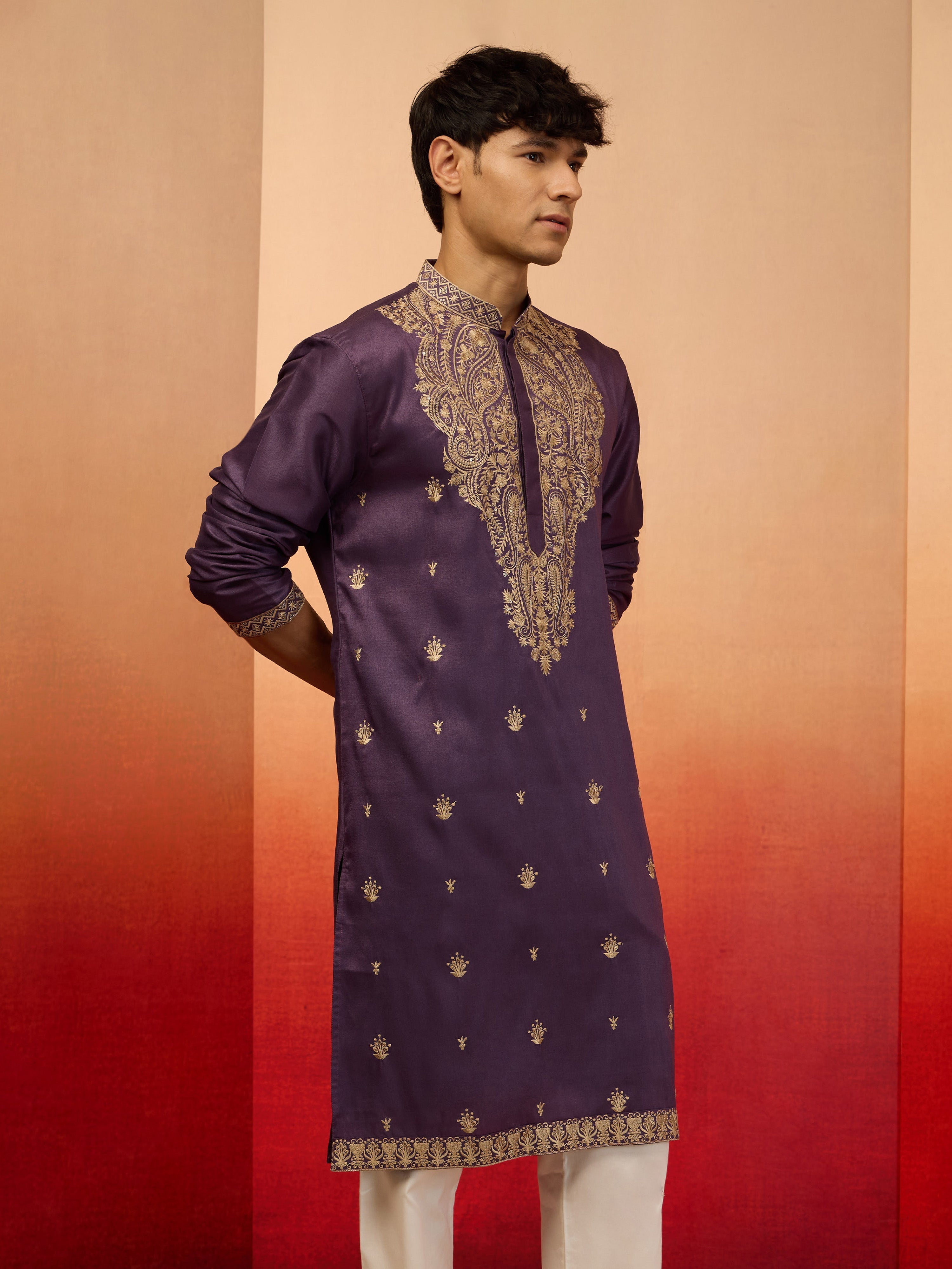 Men's Purple Resham Embroidered Silk Kurta