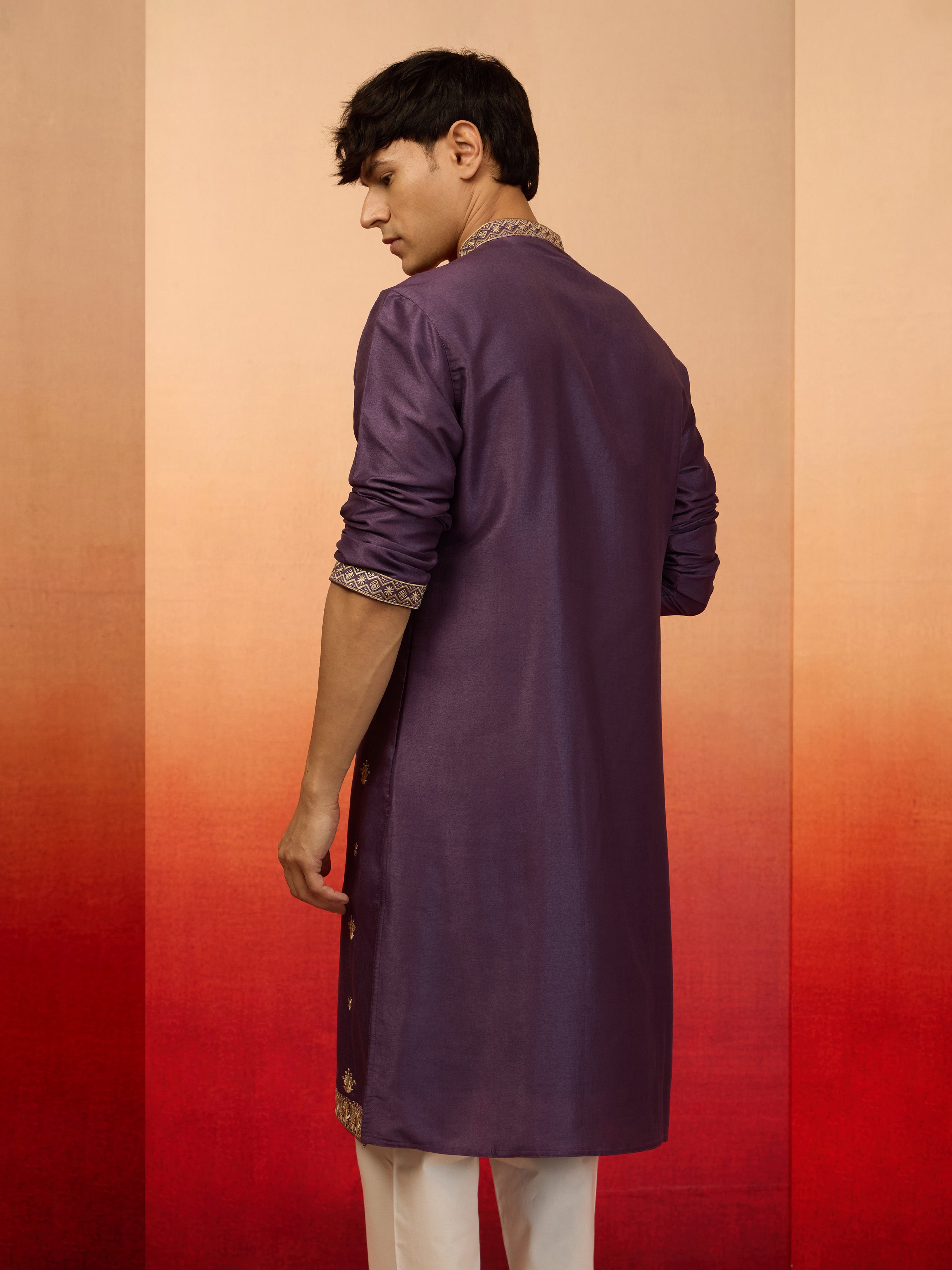Men's Purple Resham Embroidered Silk Kurta