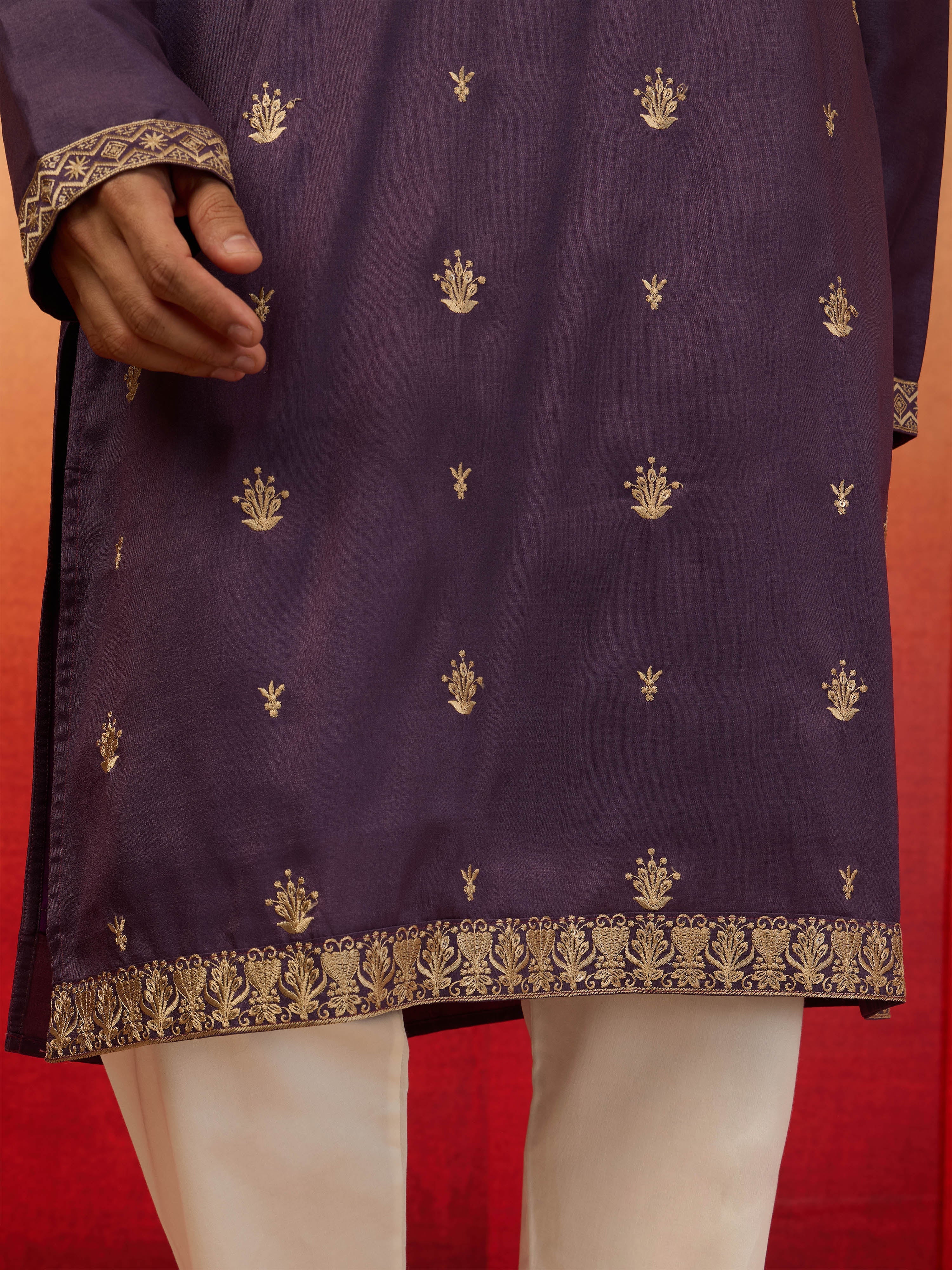Men's Purple Resham Embroidered Silk Kurta