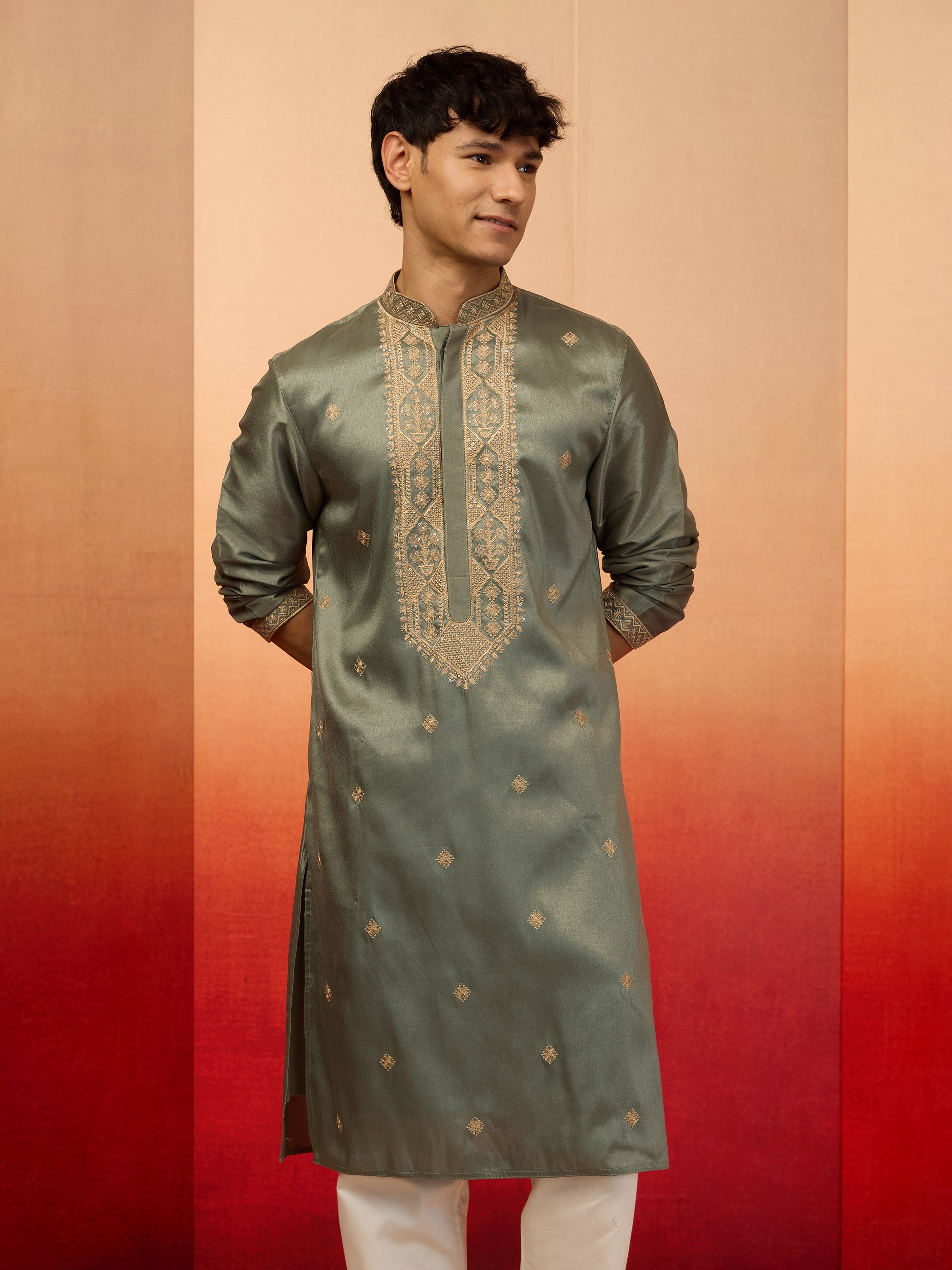 Men's Mint Green Resham Embroidered Silk Kurta