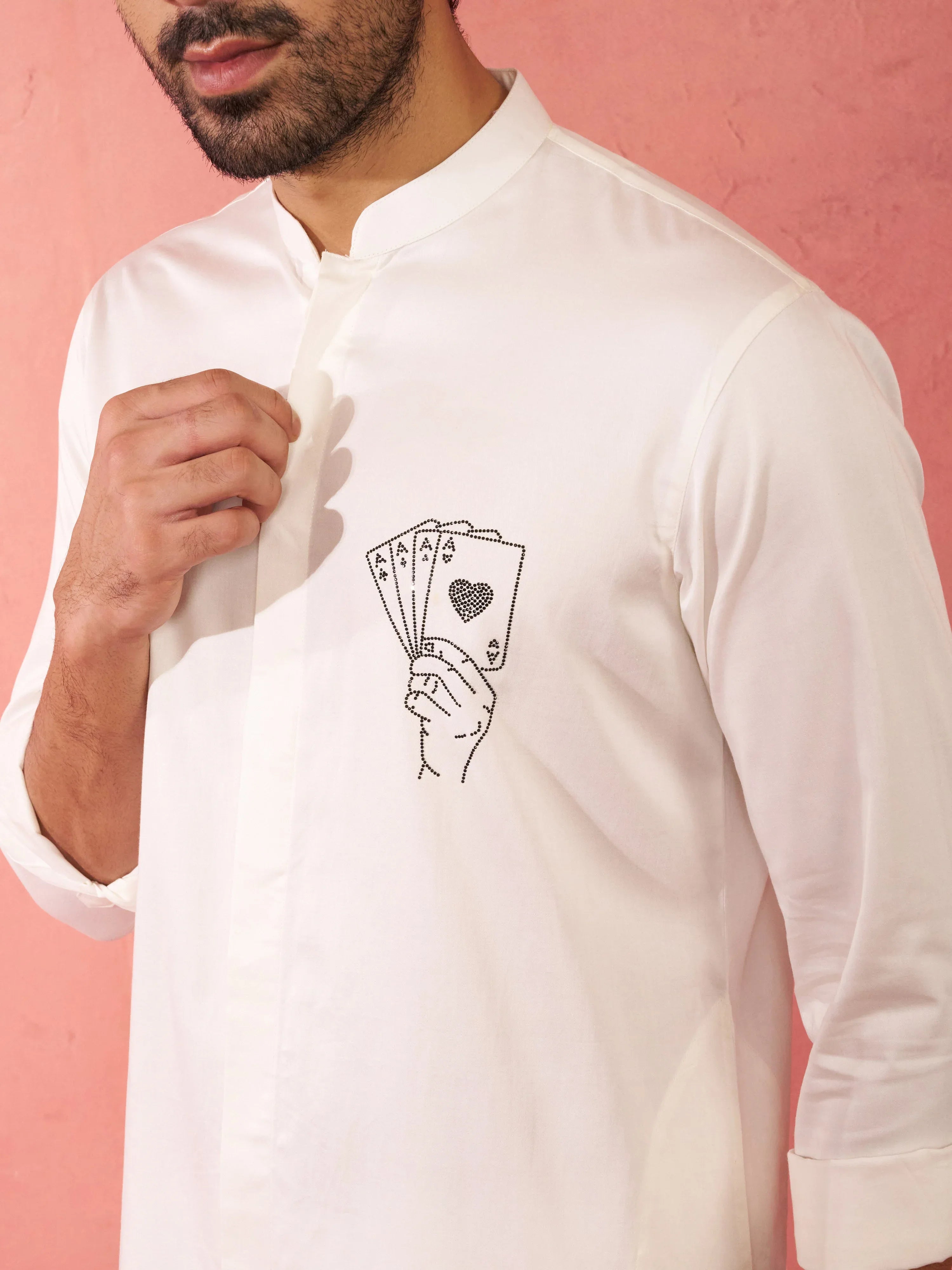Men's White Fine Satin Stone Work Kurta with Cream Flare Pant