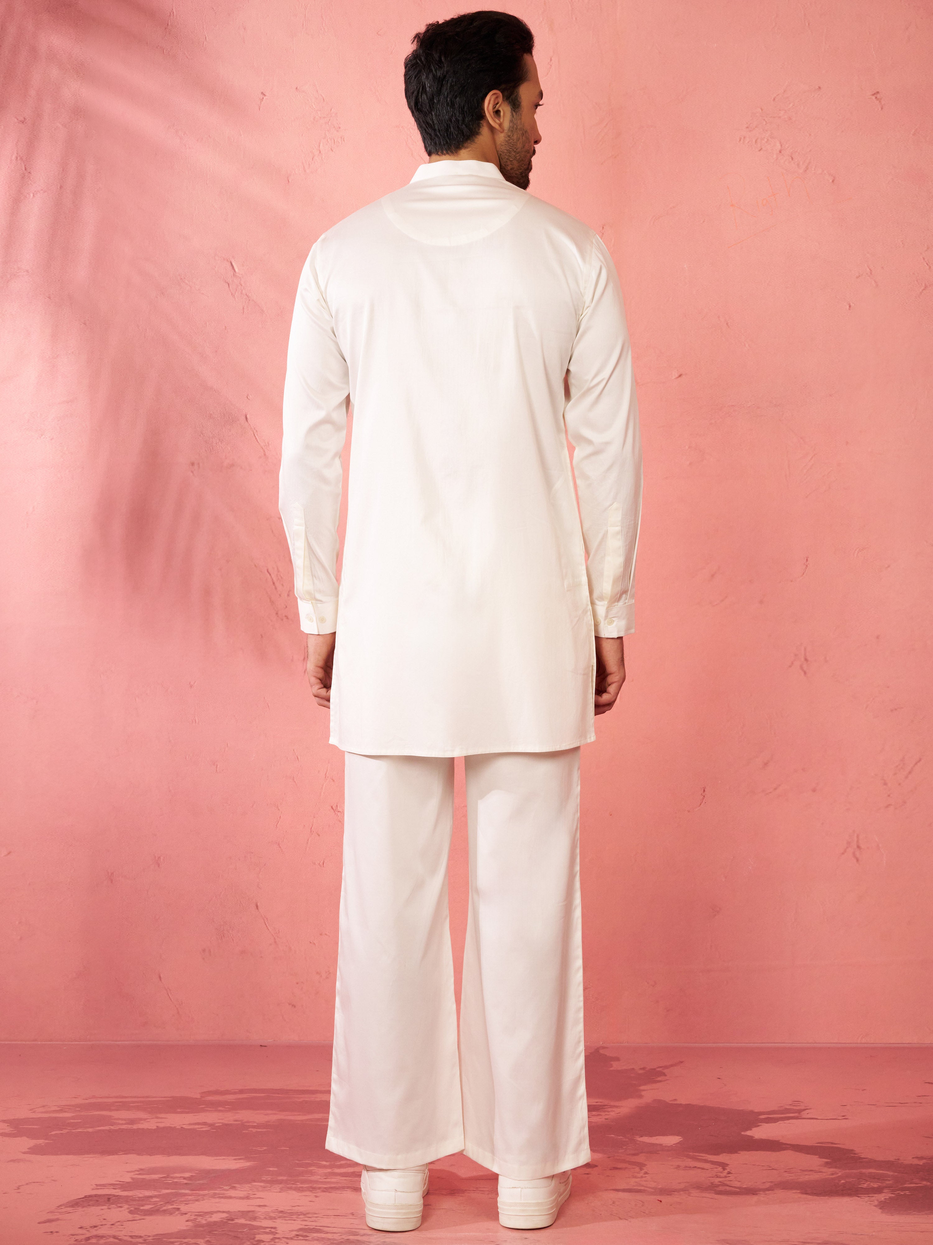 Men's White Fine Satin Stone Work Kurta with Cream Flare Pant