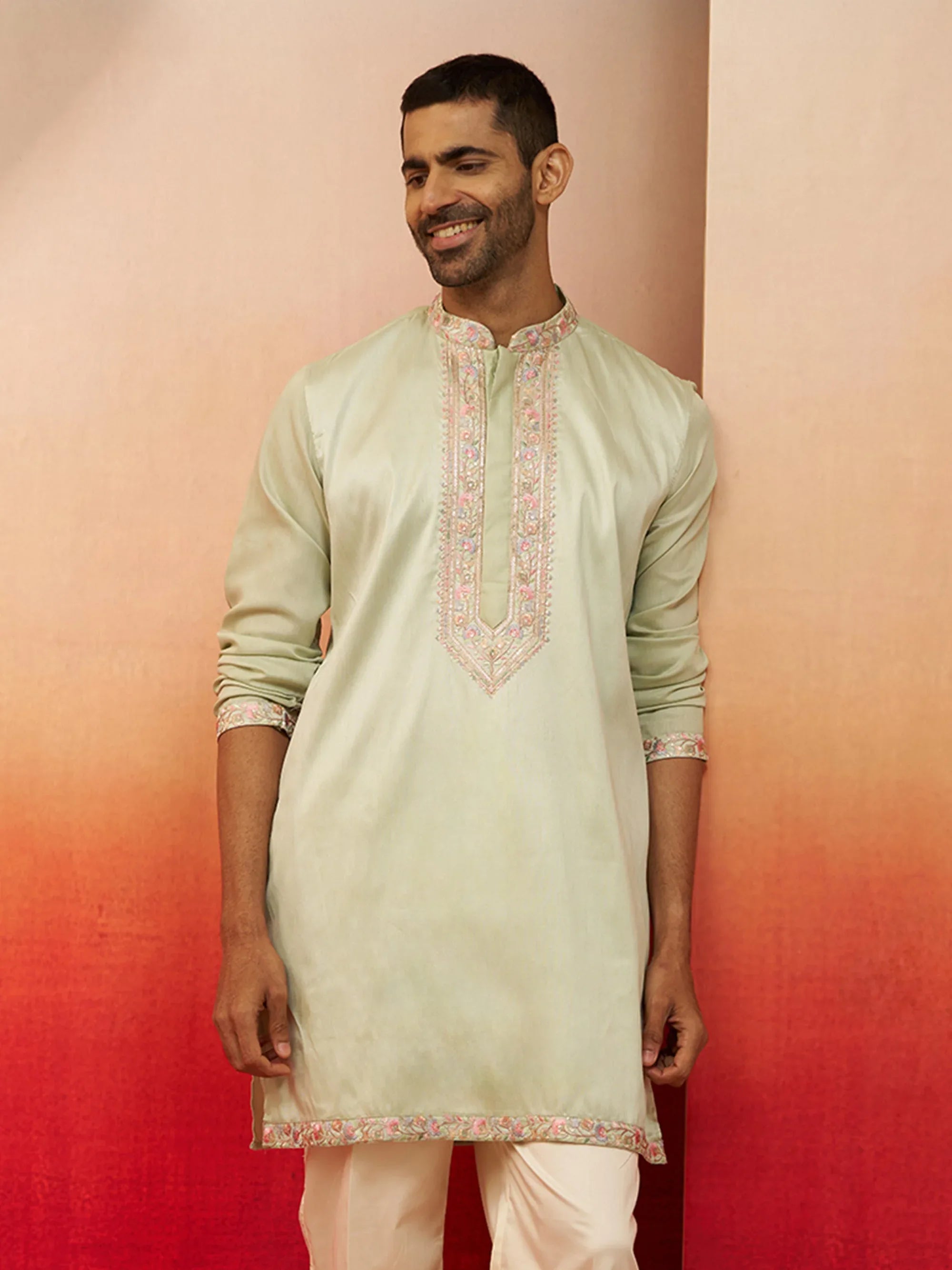 Vastramay Men Pista Green Silk Embroidered Mid Kurta