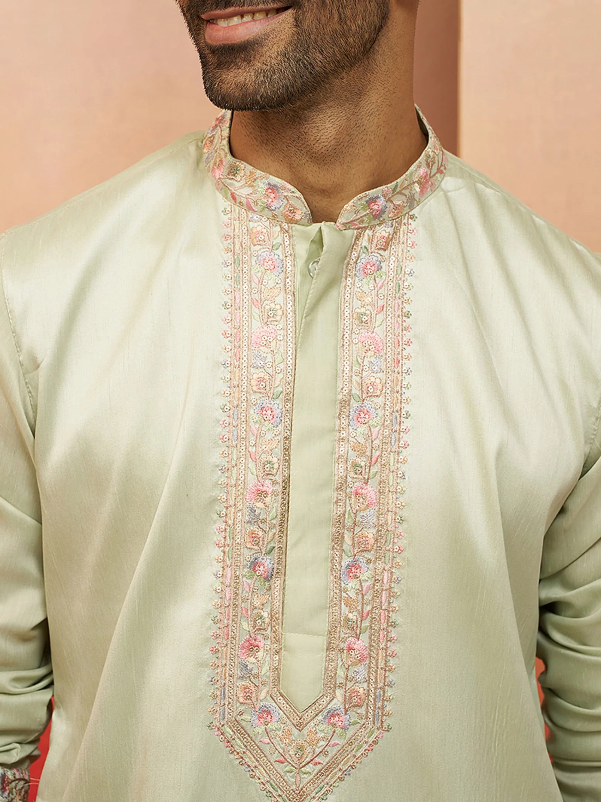 Vastramay Men Pista Green Silk Embroidered Mid Kurta
