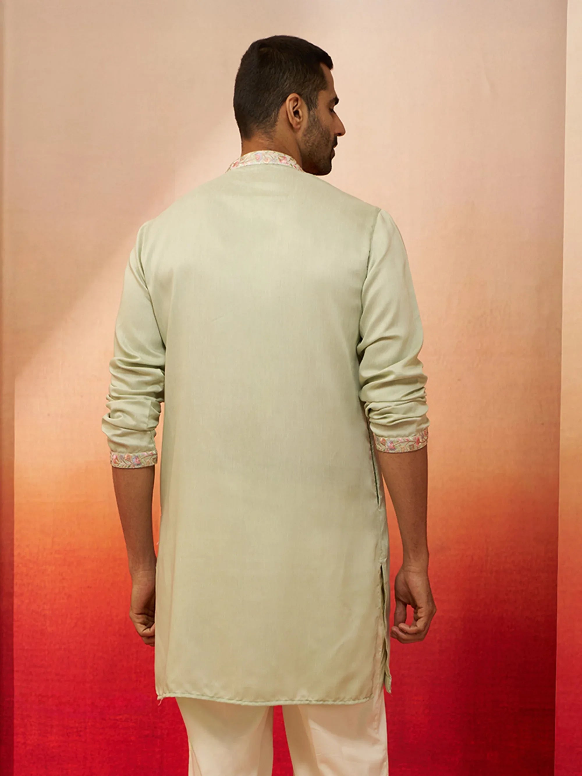 Vastramay Men Pista Green Silk Embroidered Mid Kurta