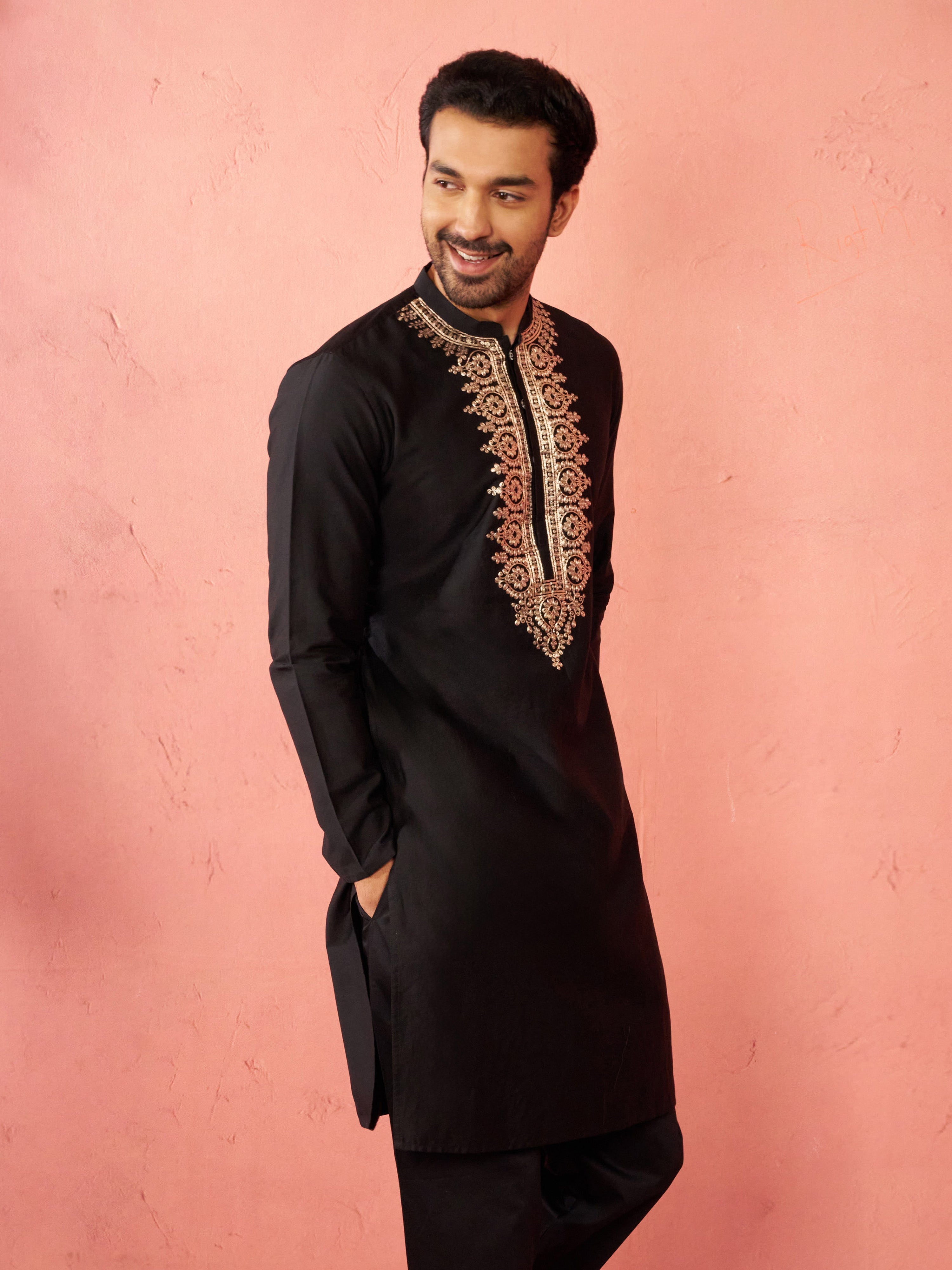 Men's Black Fine Satin Hand Embroidered Kurta