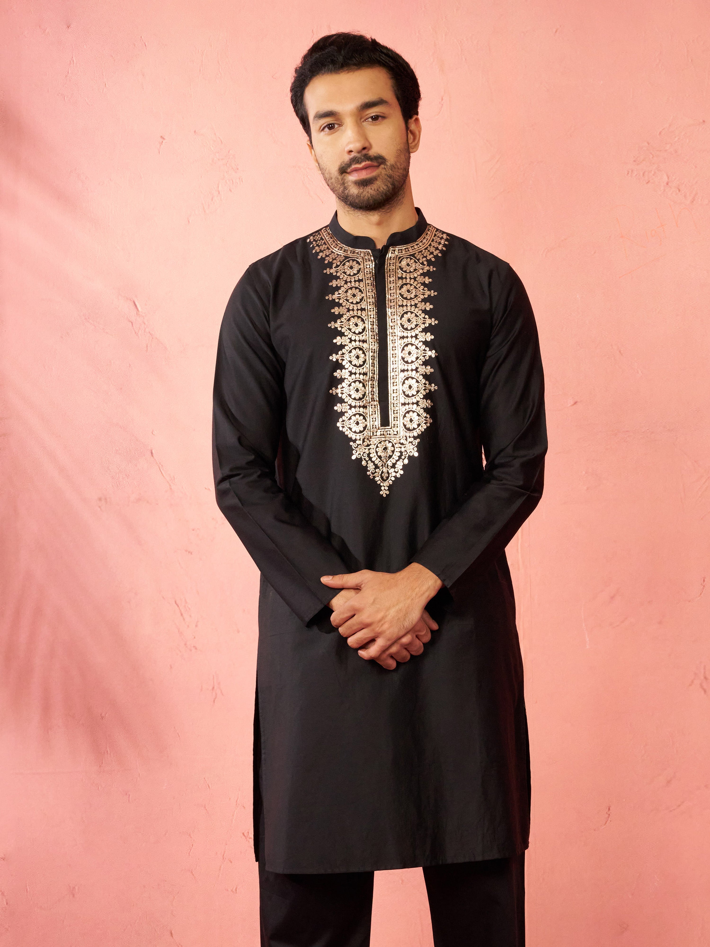 Men's Black Fine Satin Hand Embroidered Kurta