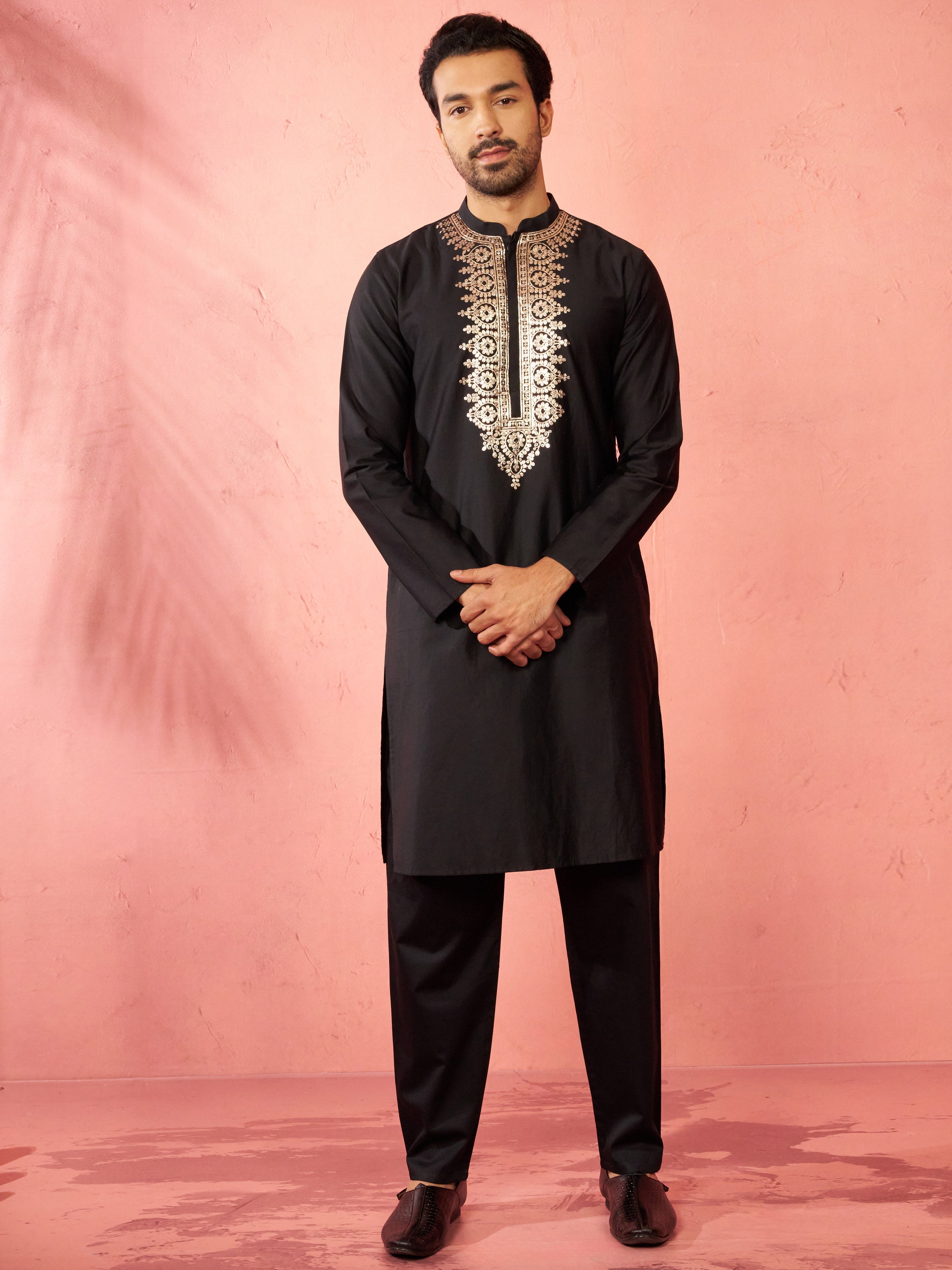 Men's Black Fine Satin Hand Embroidered Kurta