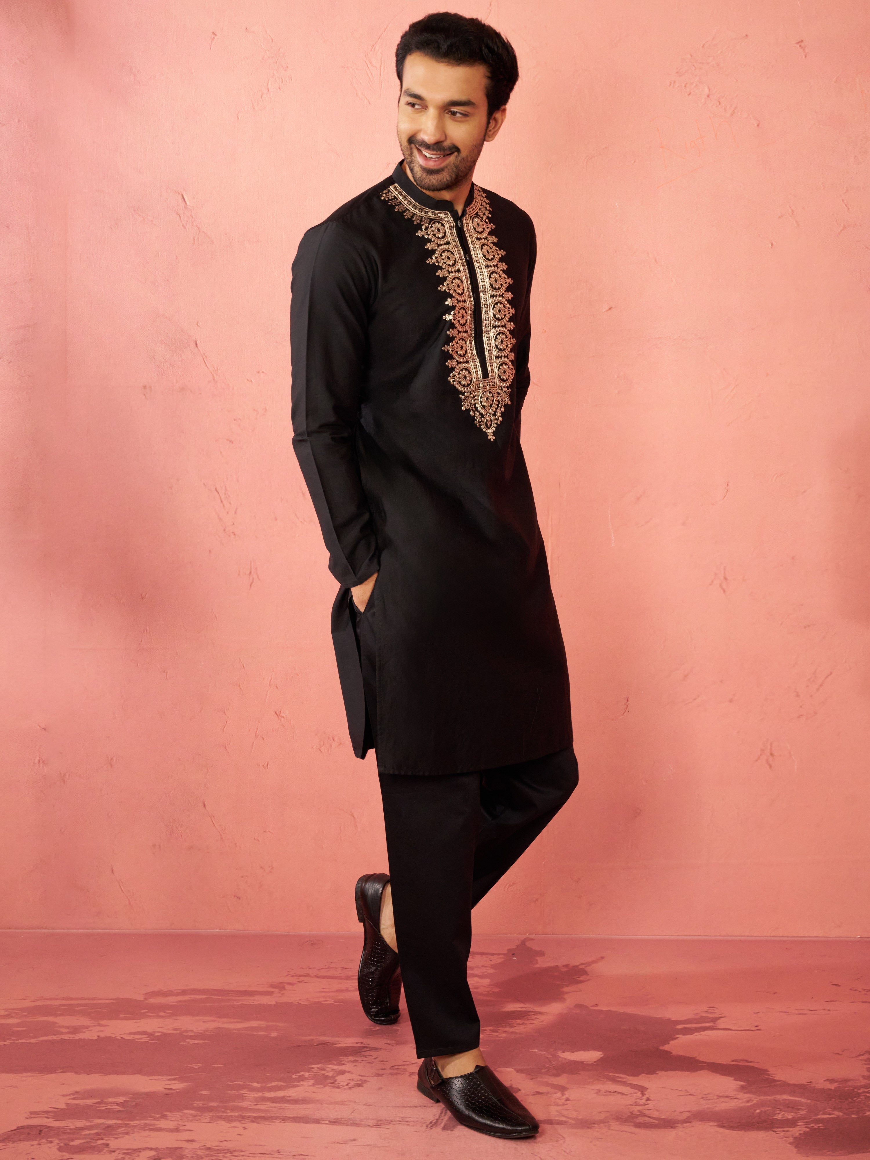 Men's Black Fine Satin Kurta with Pyjama