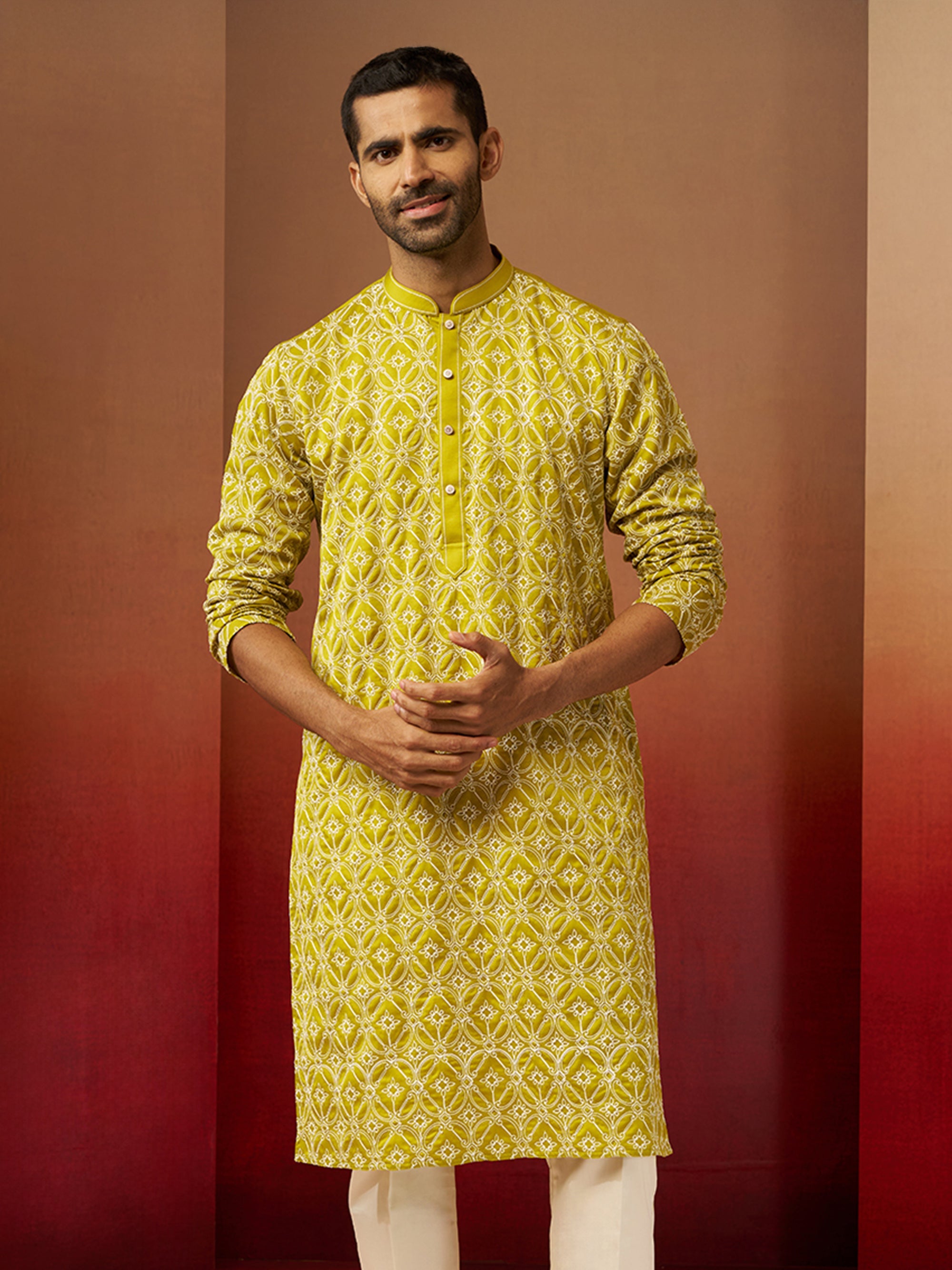 Vastramay Men Green Linen Silk Thread Embroidered Kurta