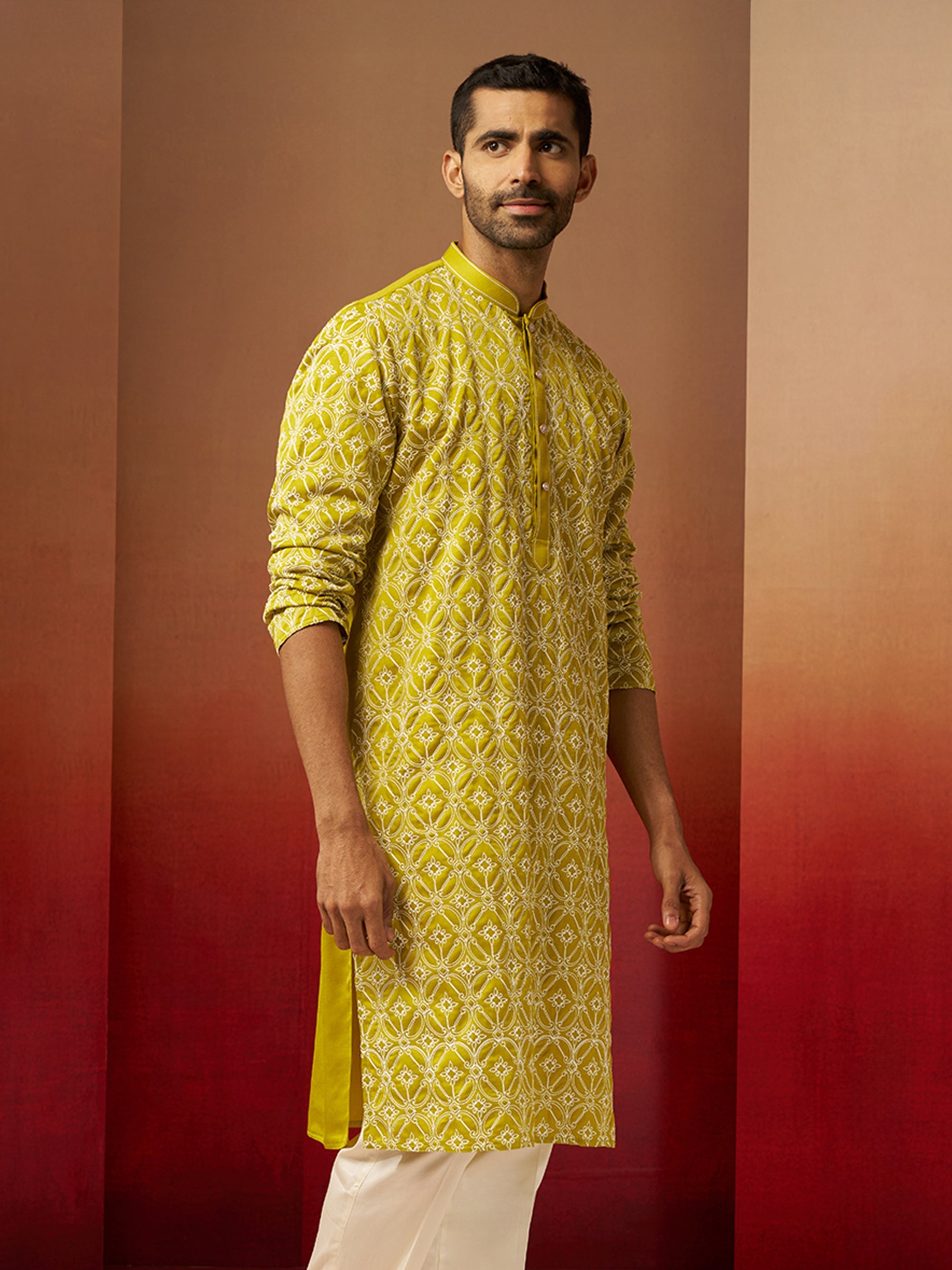 Vastramay Men Green Linen Silk Thread Embroidered Kurta