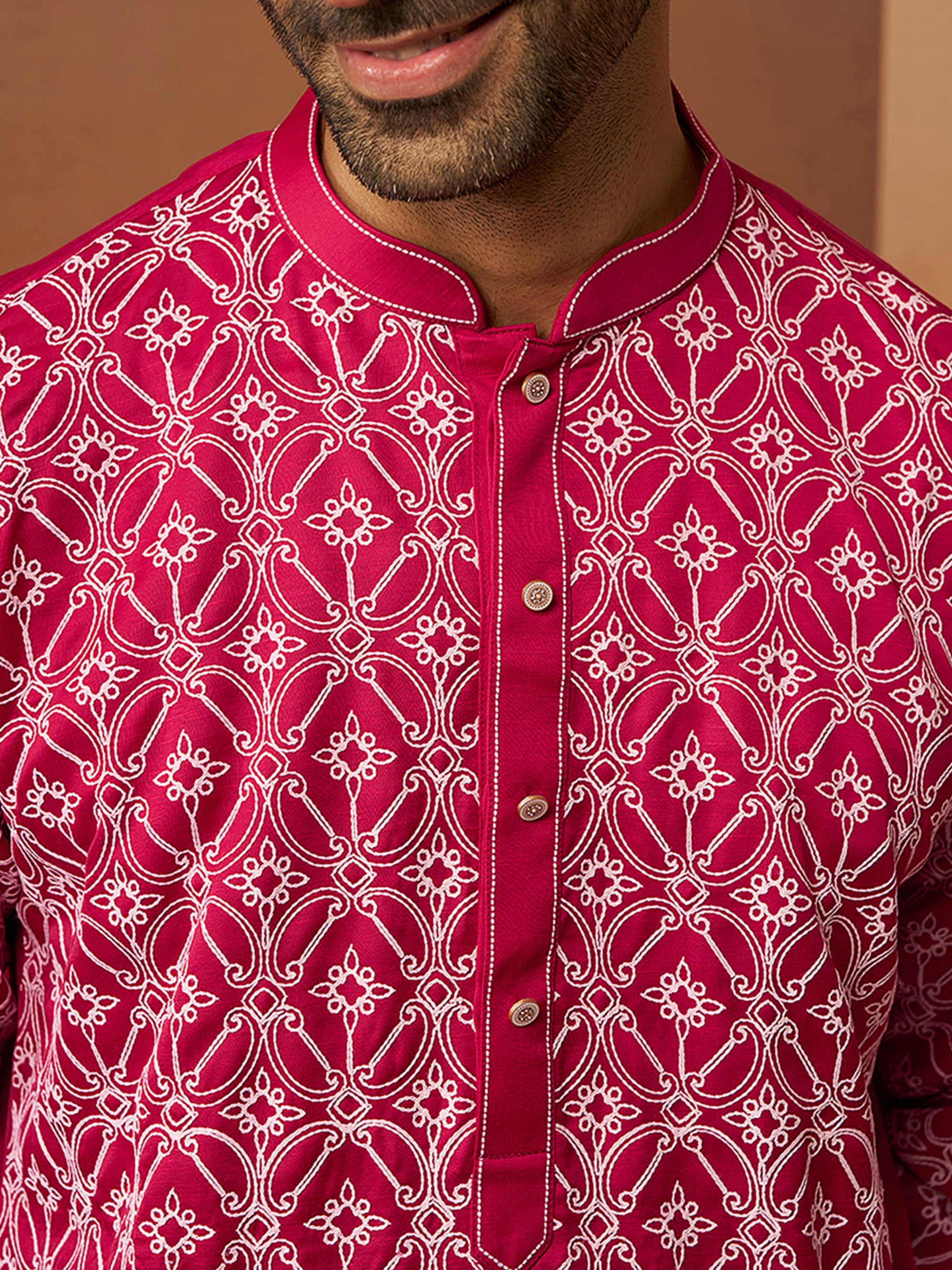 Vastramay Men Red Linen Silk Thread Embroidered Kurta
