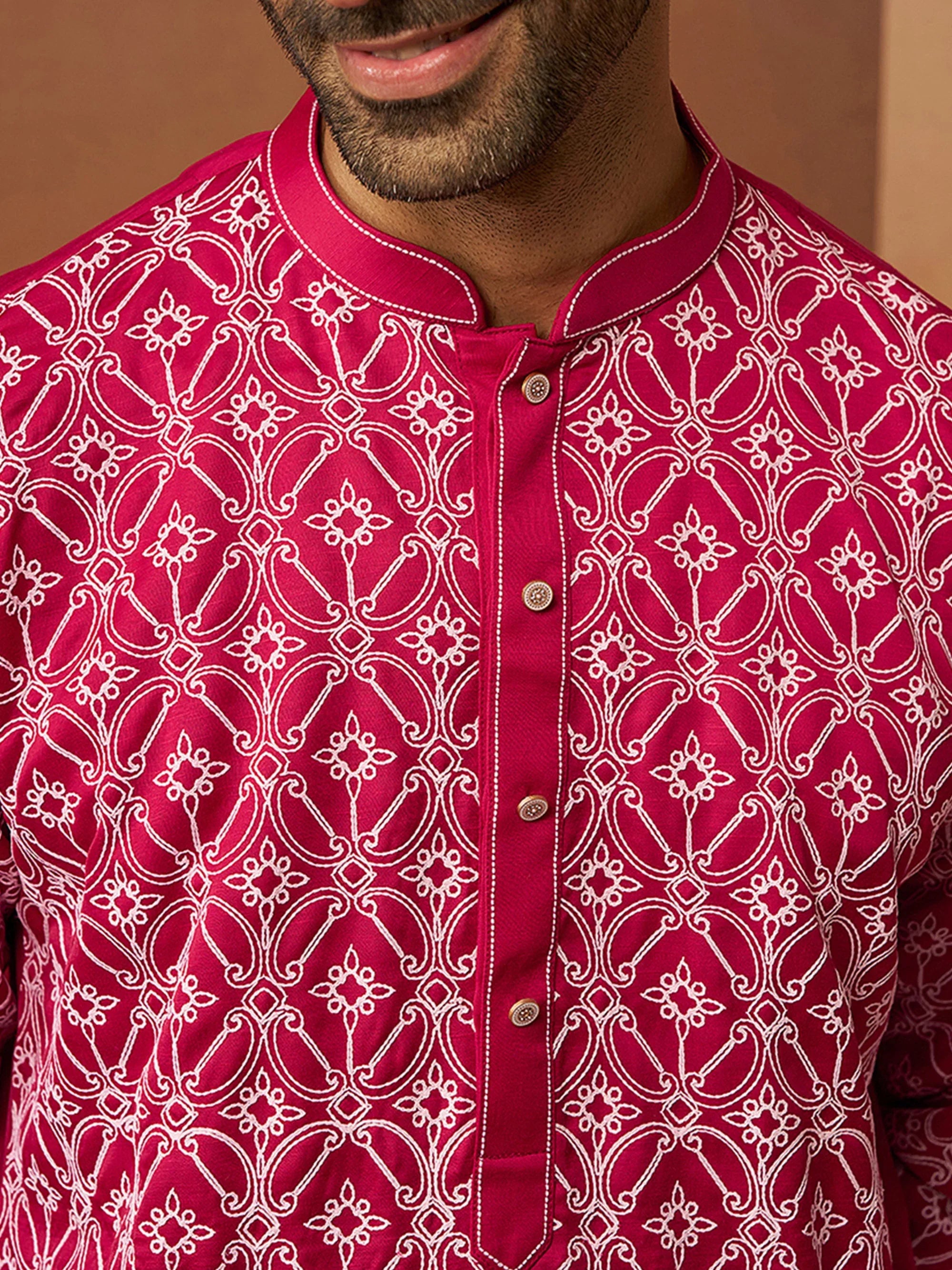 Vastramay Men Red Linen Silk Thread Embroidered Kurta