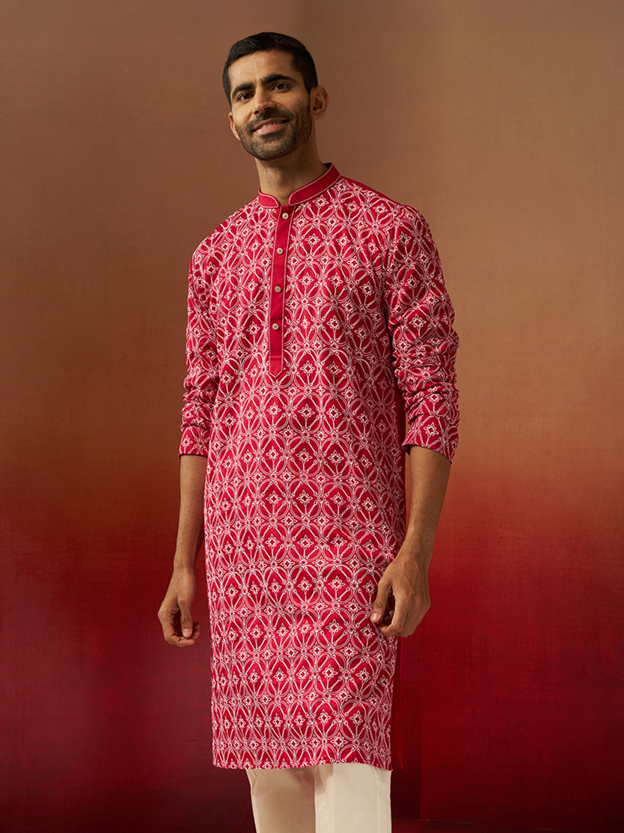 Vastramay Men Red Linen Silk Thread Embroidered Kurta