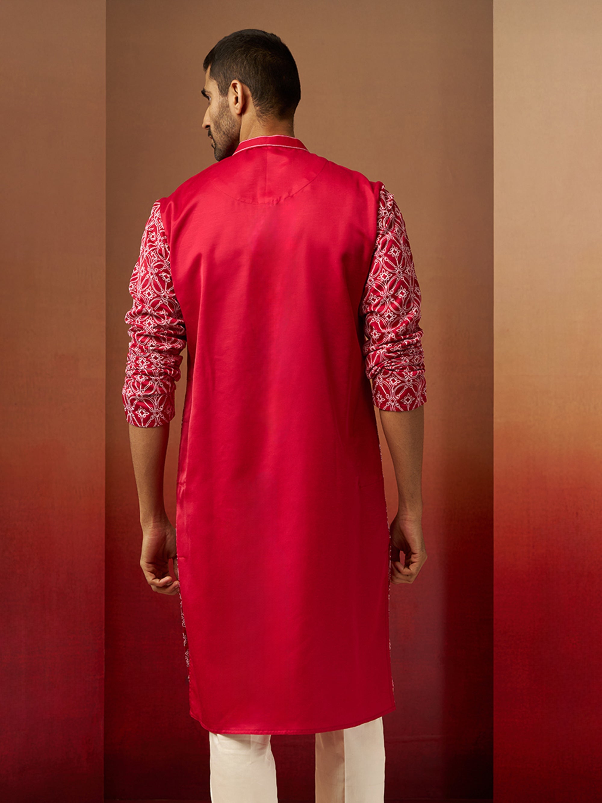 Vastramay Men Red Linen Silk Thread Embroidered Kurta