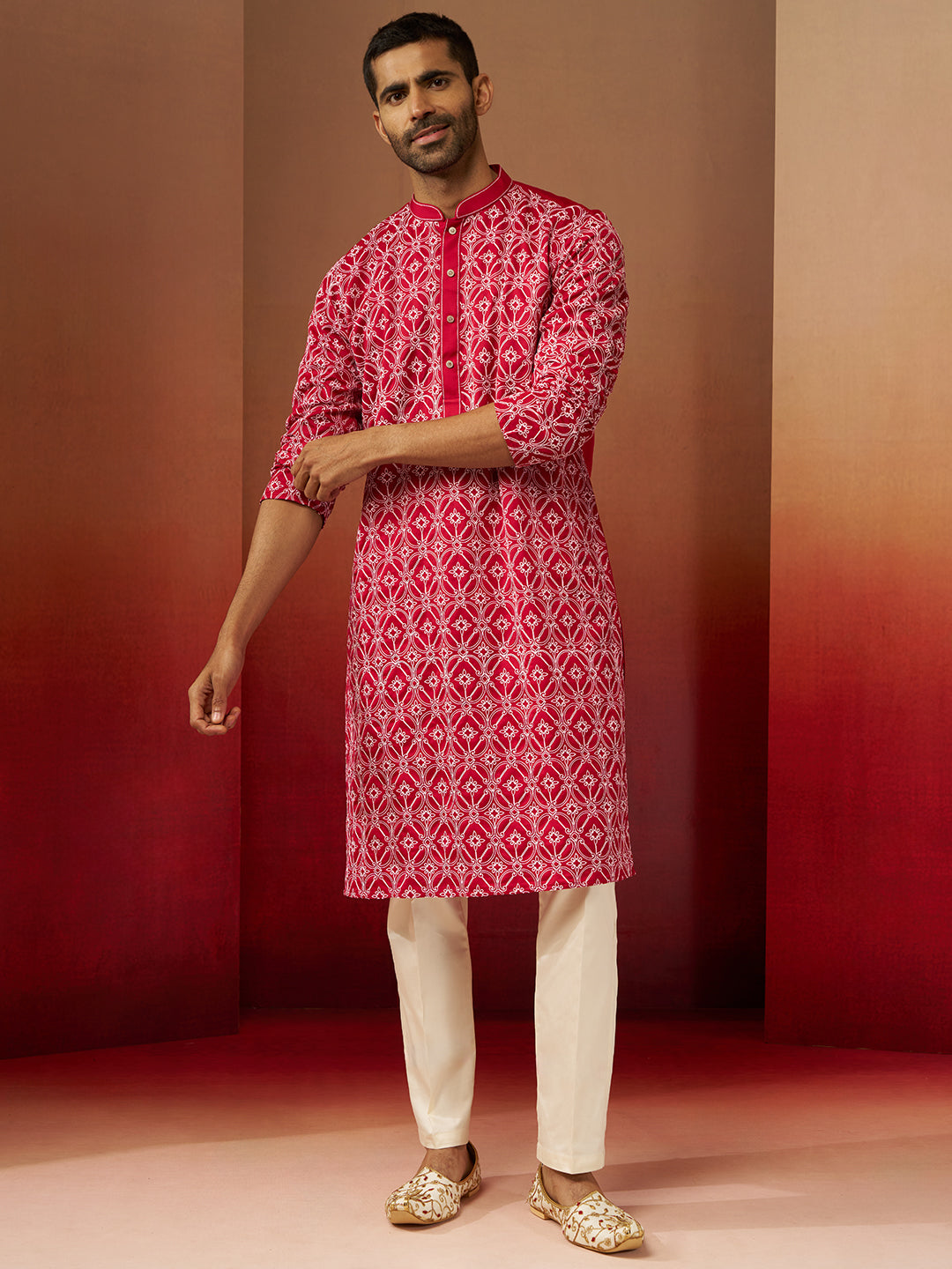Men's Red Linen Silk Kurta with Cream Pants