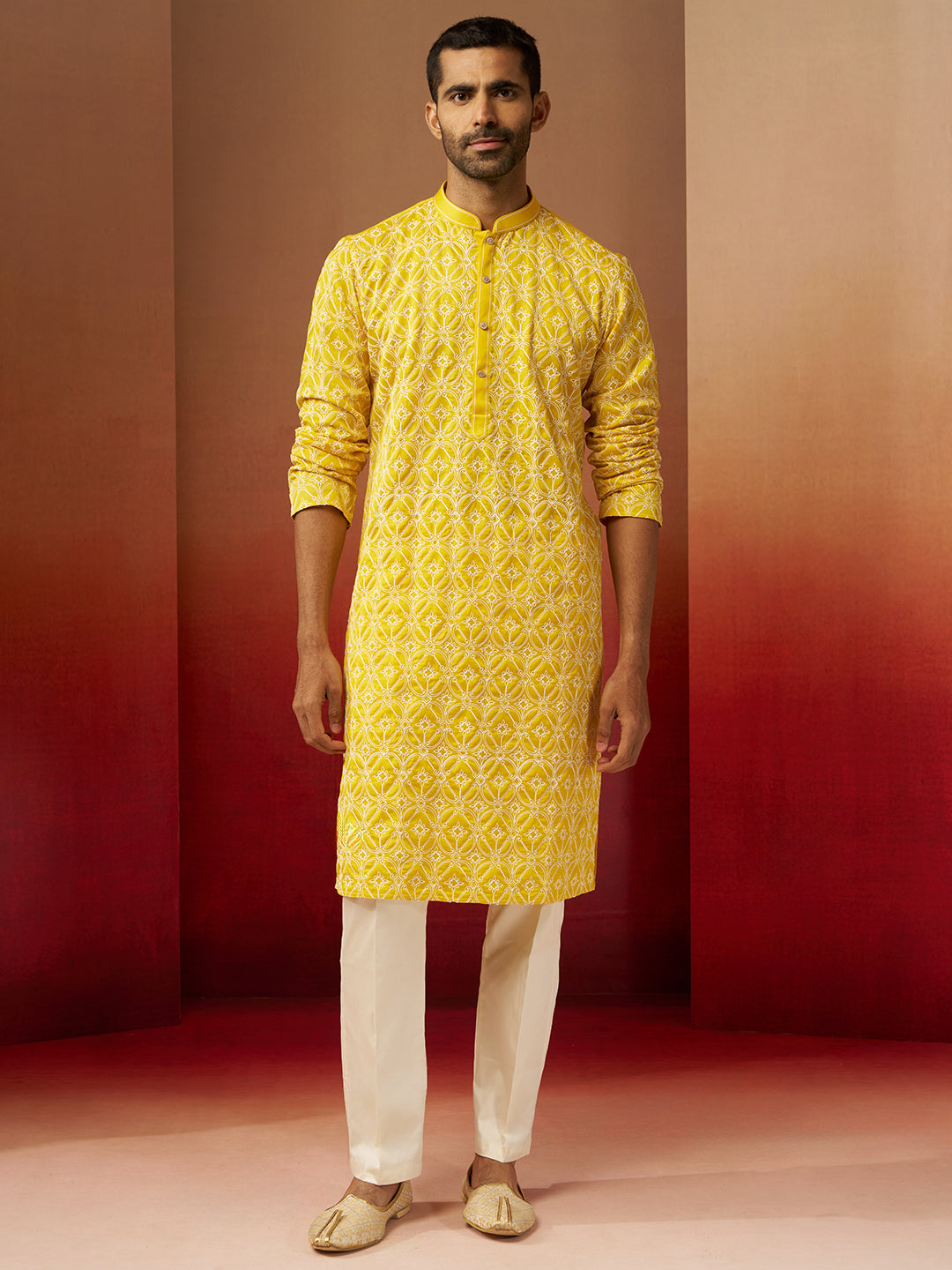 Men's Yellow Thread Embroidered Kurta with Pyjama