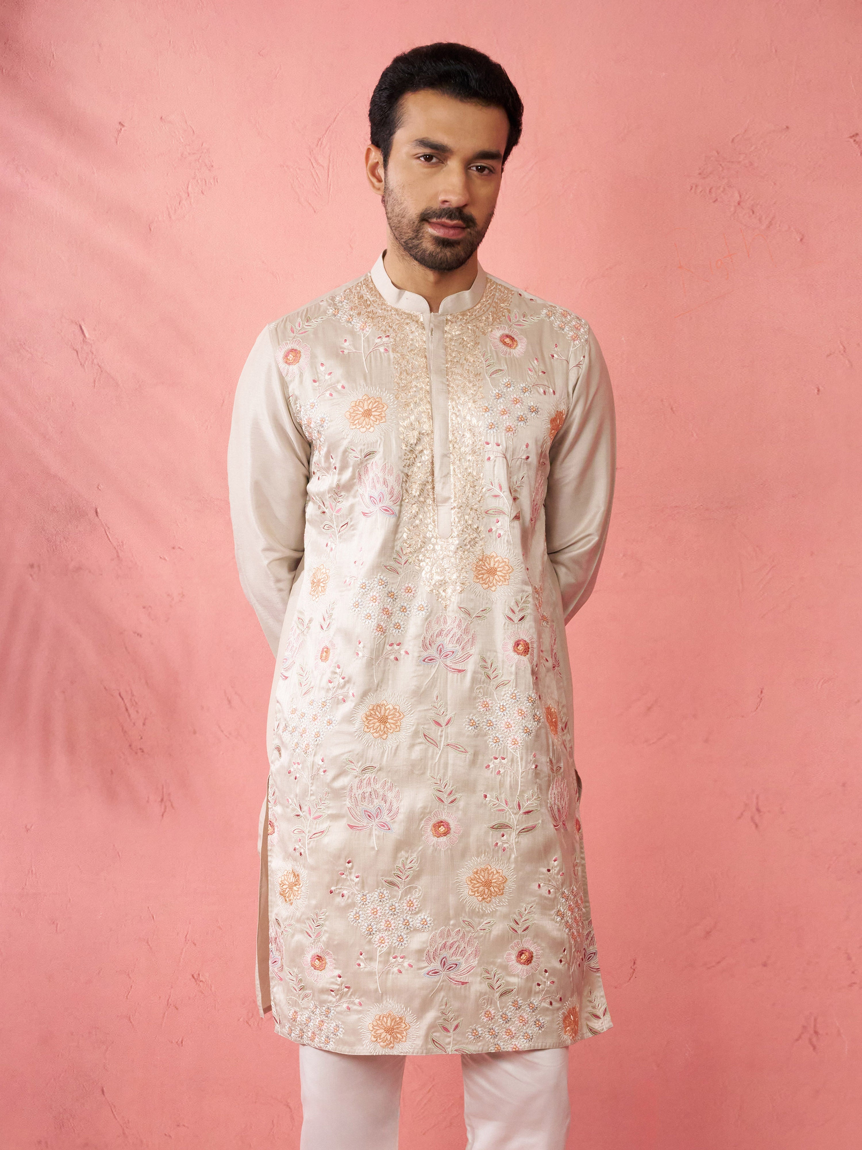 Men's Grey Silk Blend Kurta
