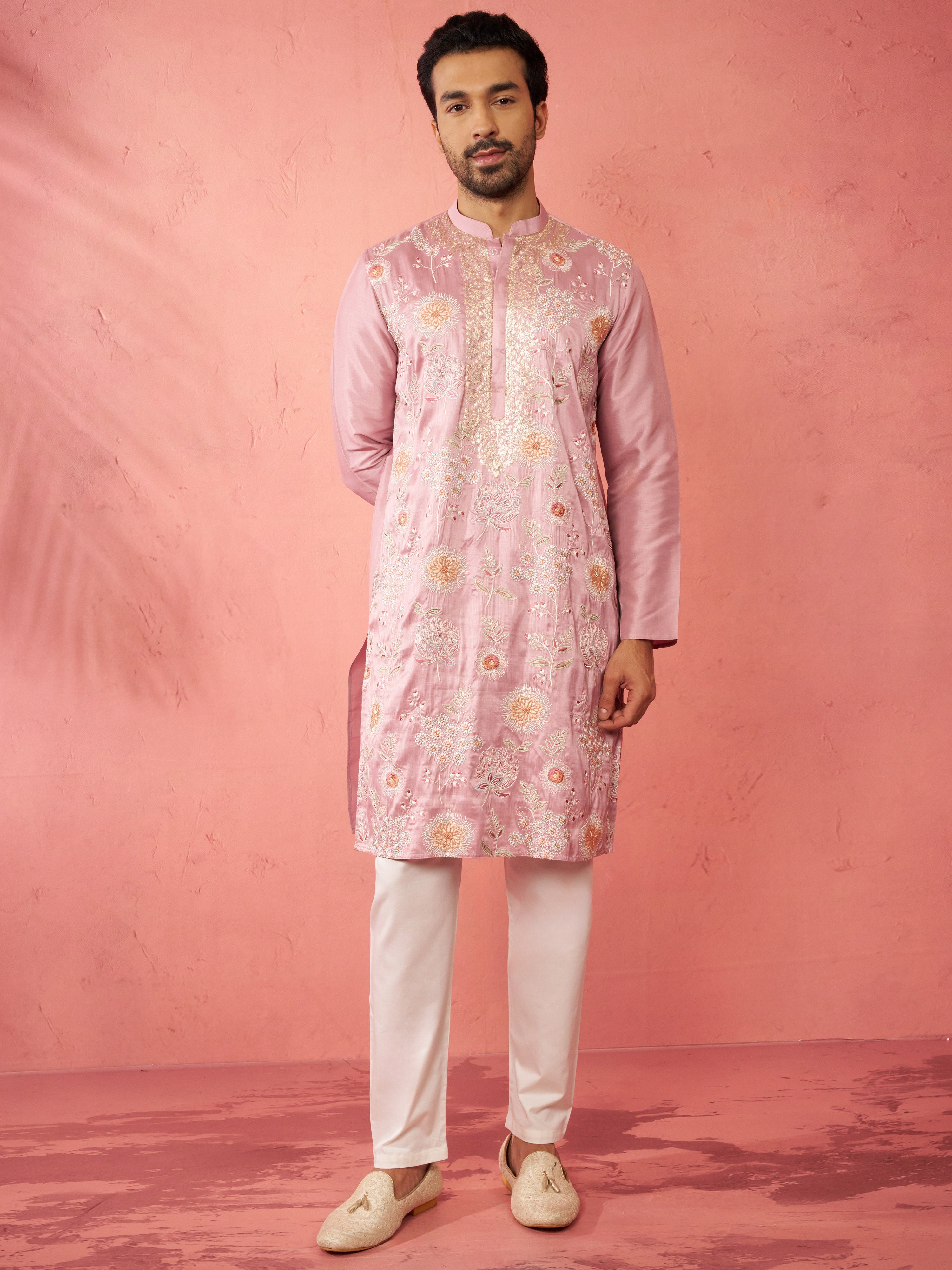 Men's Onion Silk Blend Kurta with Cream Pyjama