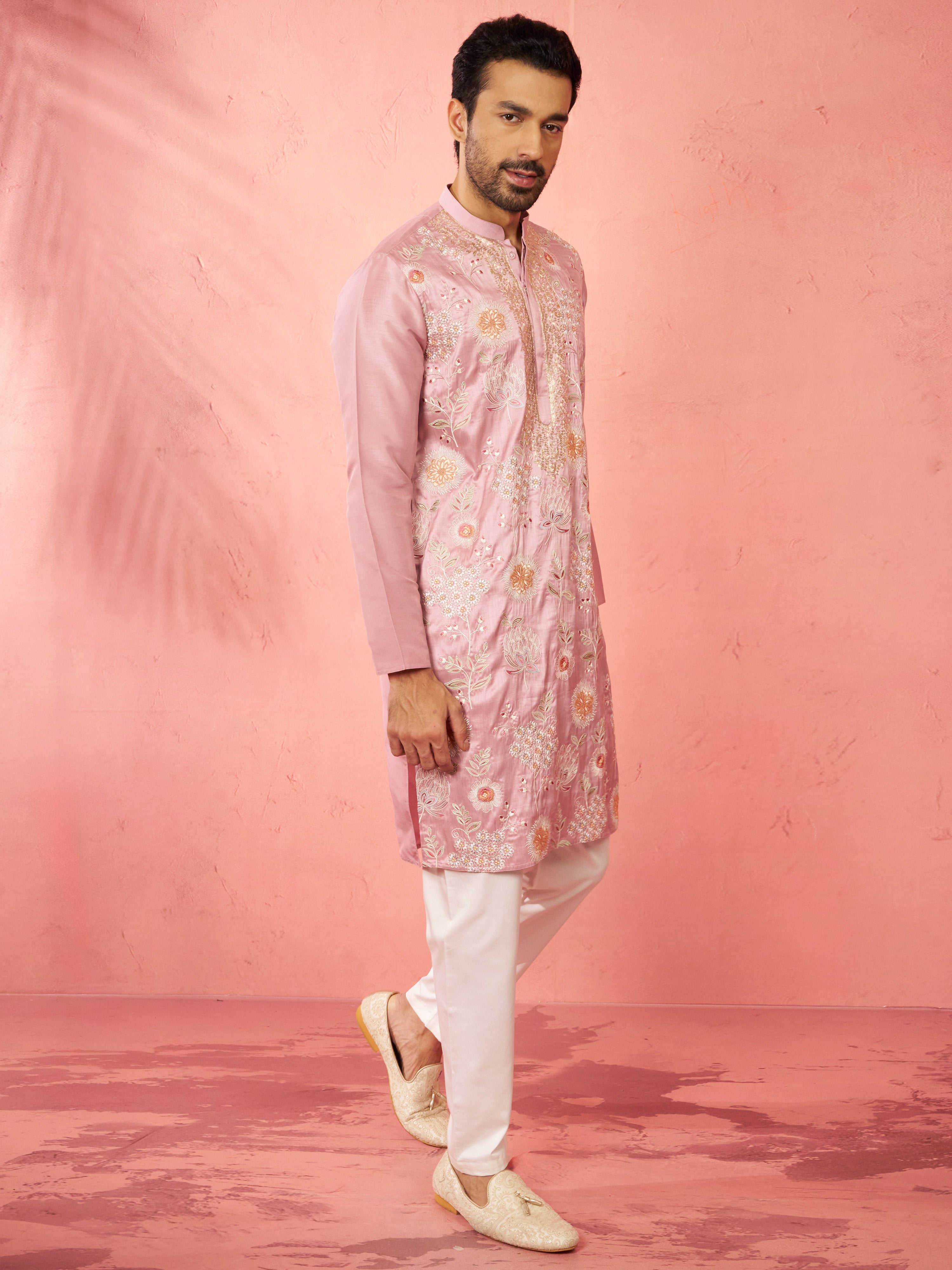 Men's Onion Silk Blend Kurta with Cream Pyjama