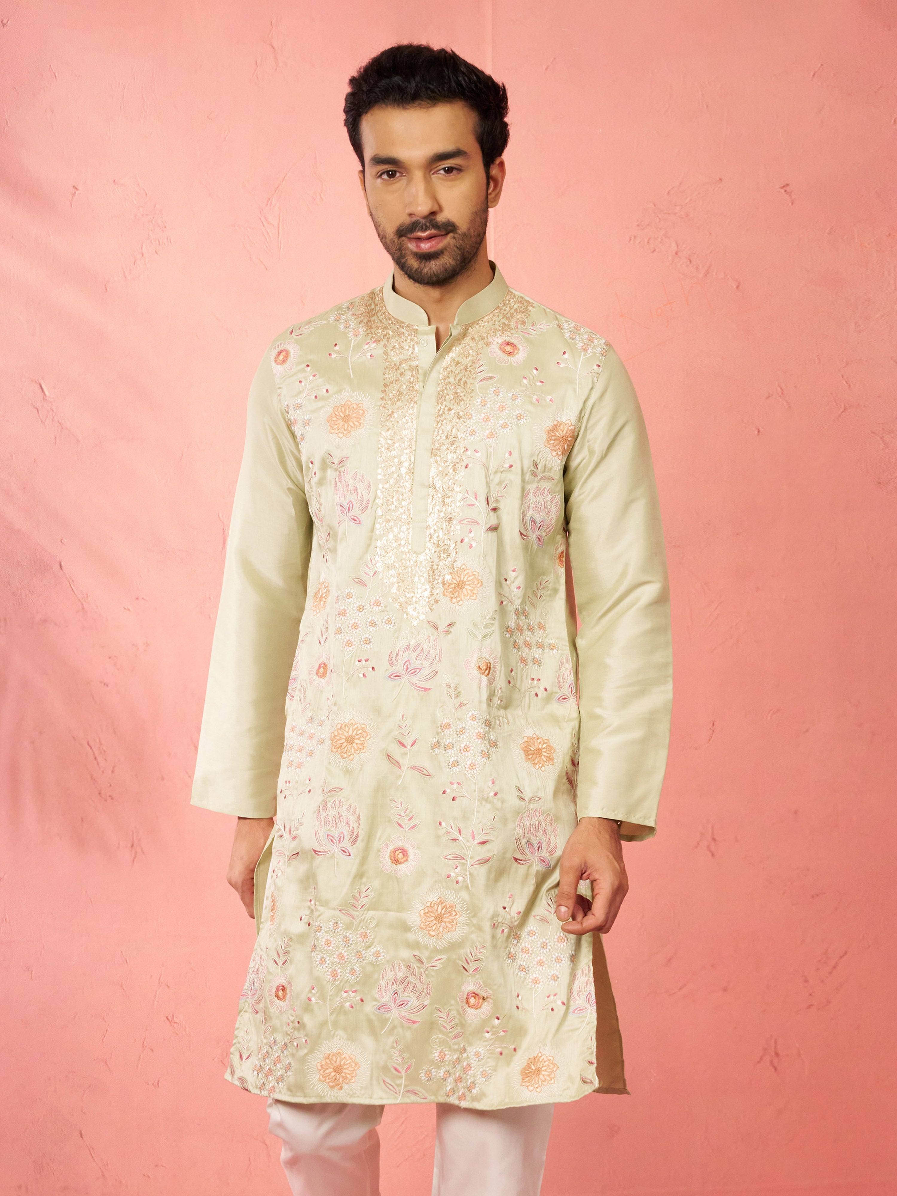 Men's Light Green Silk Blend Kurta