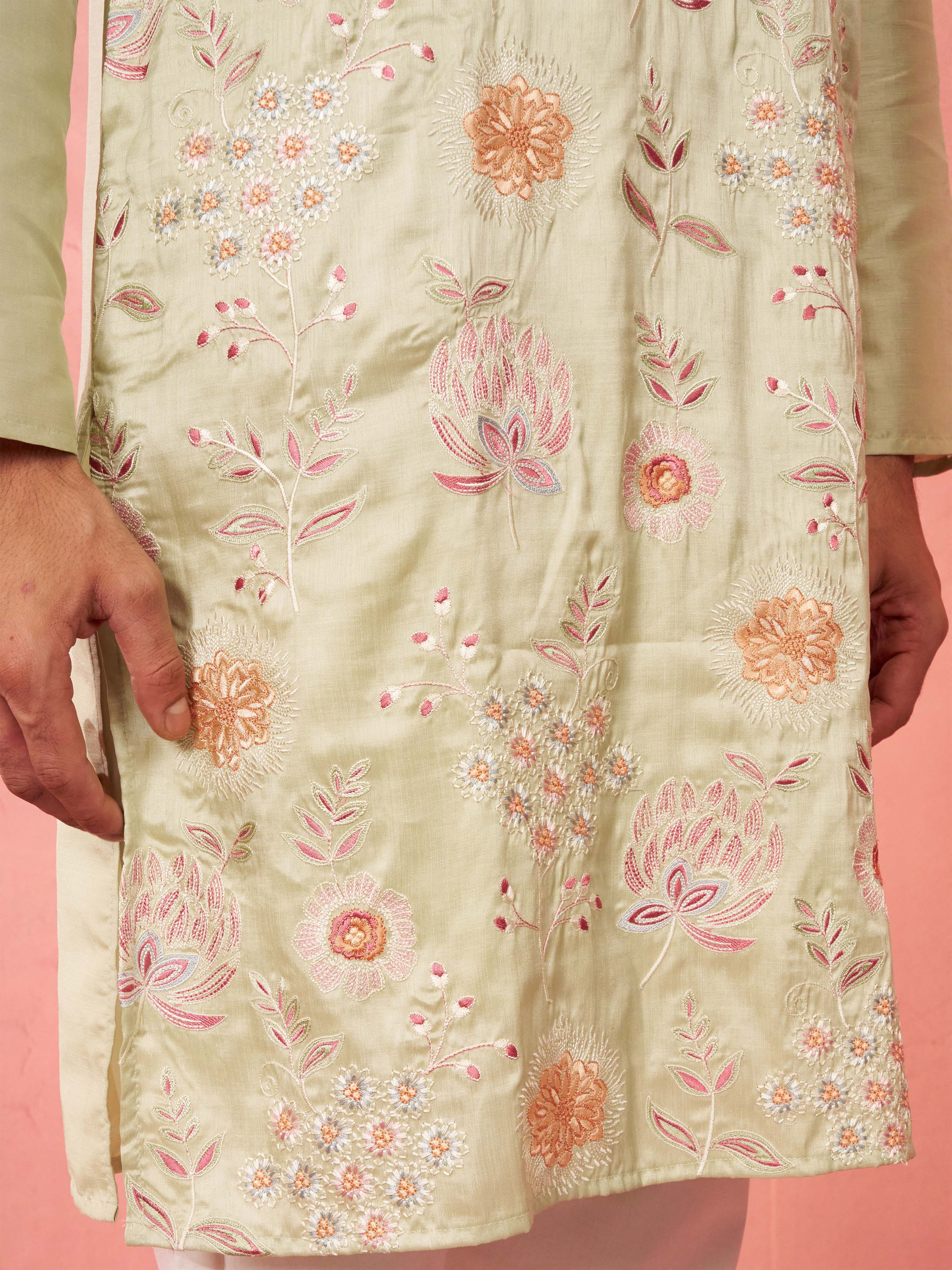 Men's Light Green Silk Blend Kurta