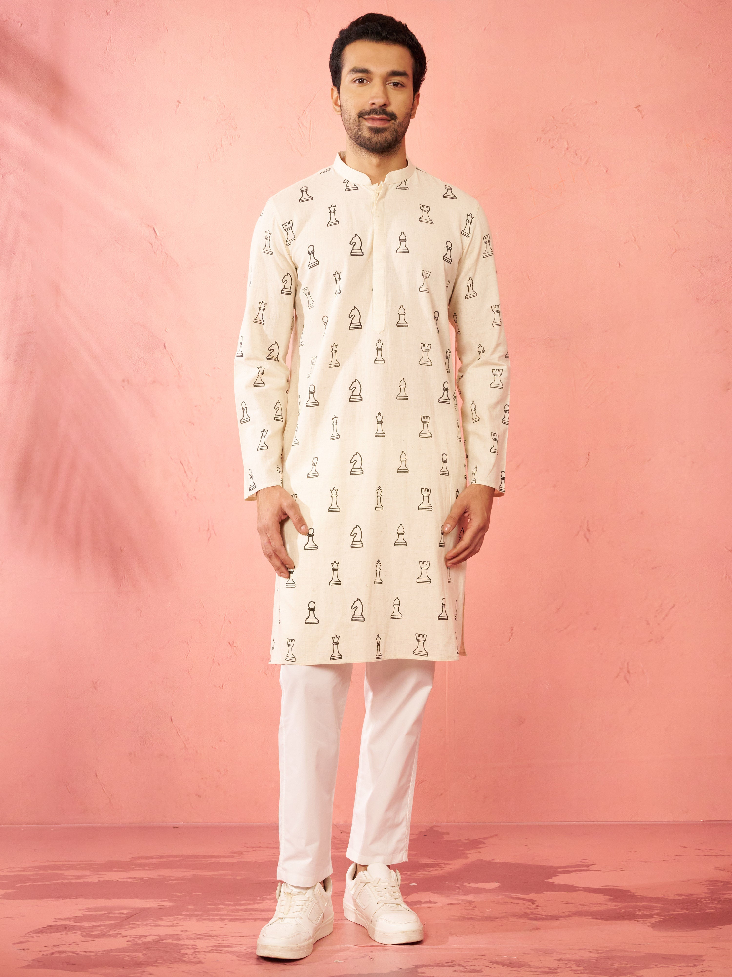 Men's Cream Cotton Kurta with White Pyjama