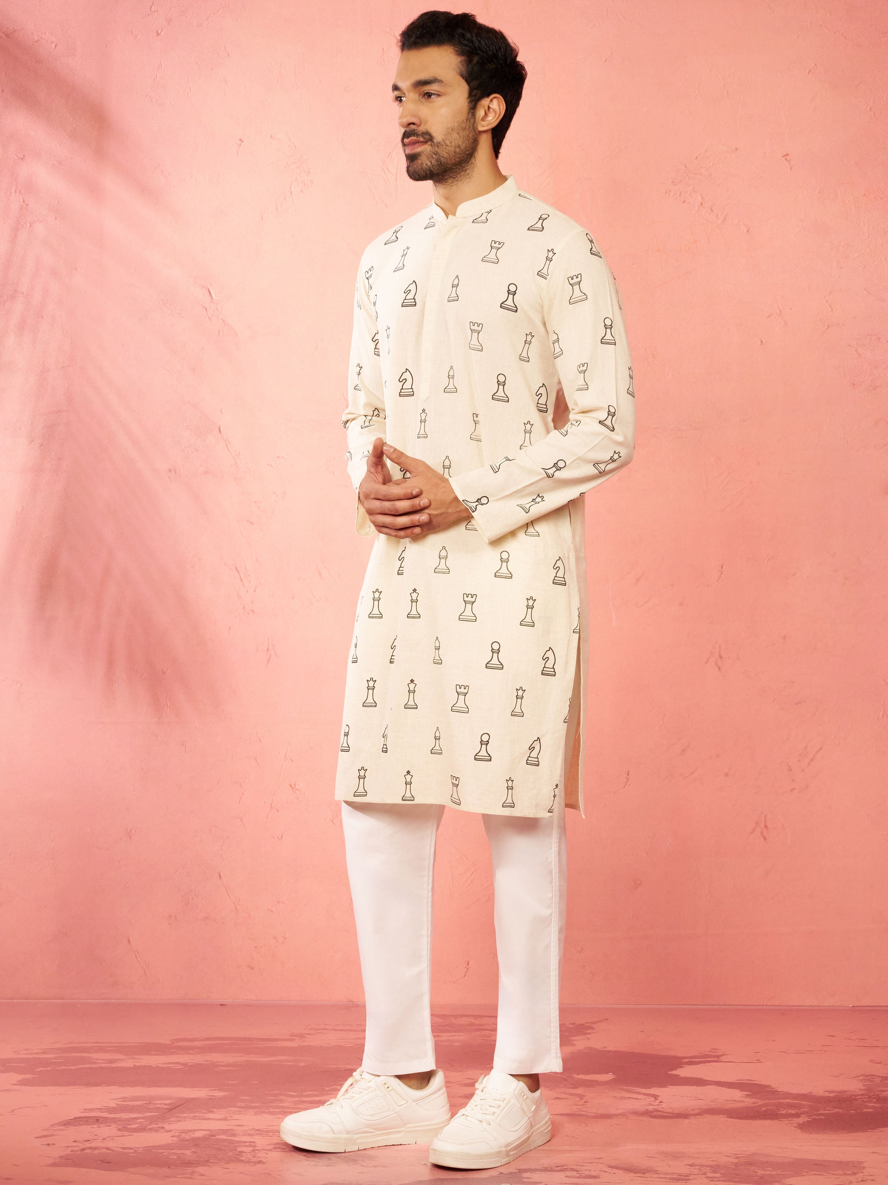 Men's Cream Cotton Kurta with White Pyjama