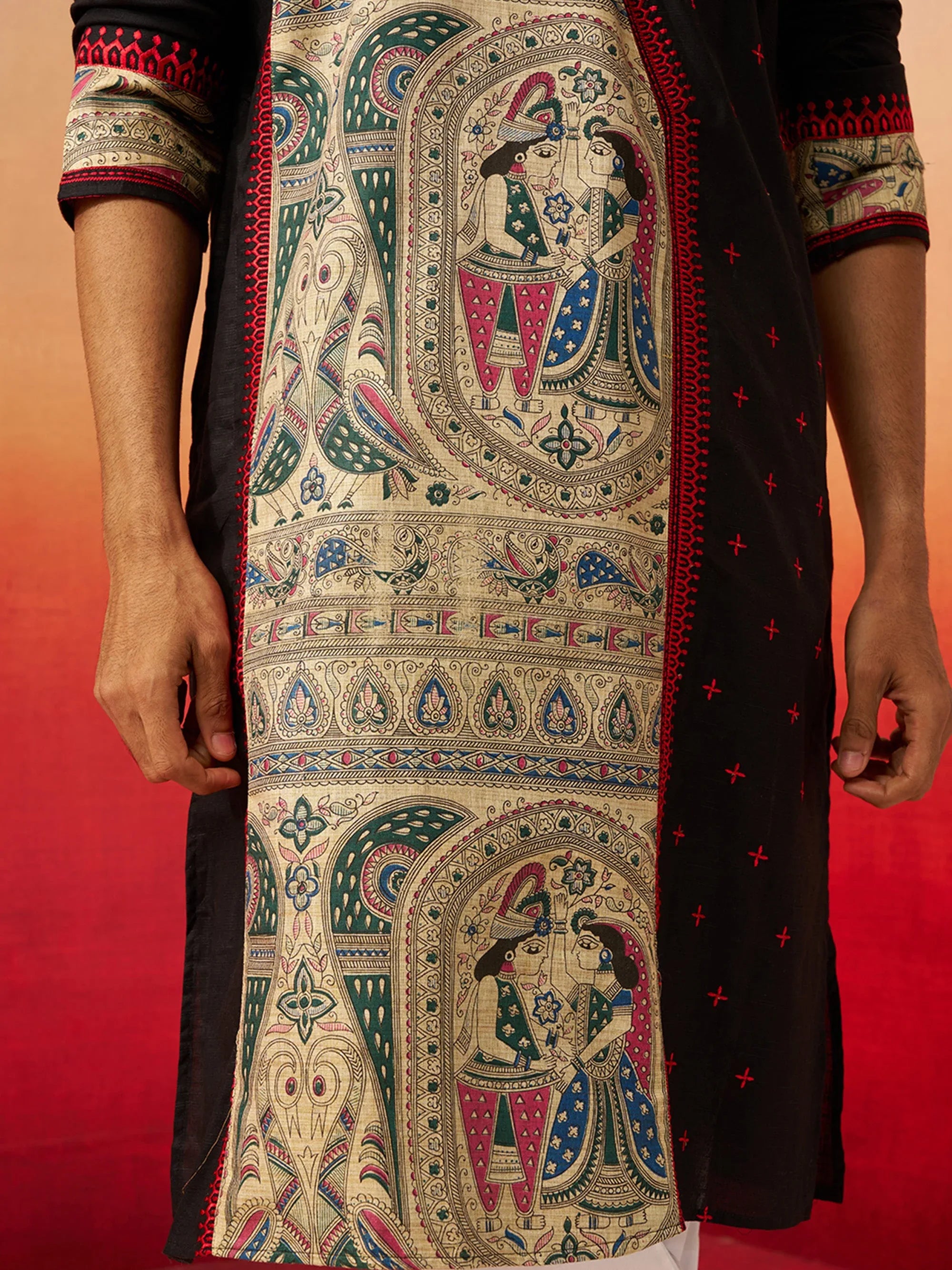 Vastramay Men Black Cotton High Neck Digital Print Kurta