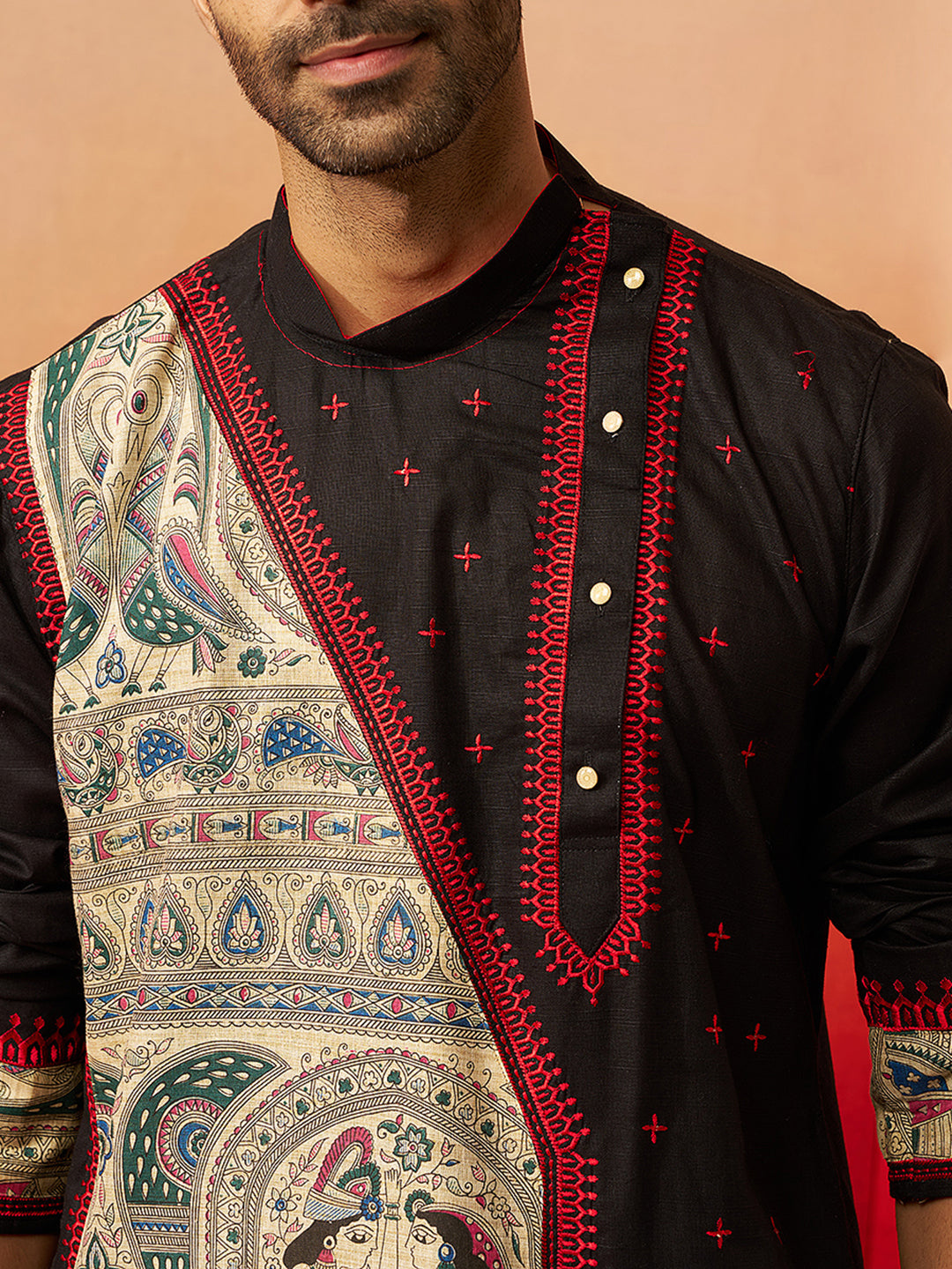 Men's Black Digital Print Kurta with Pyjama