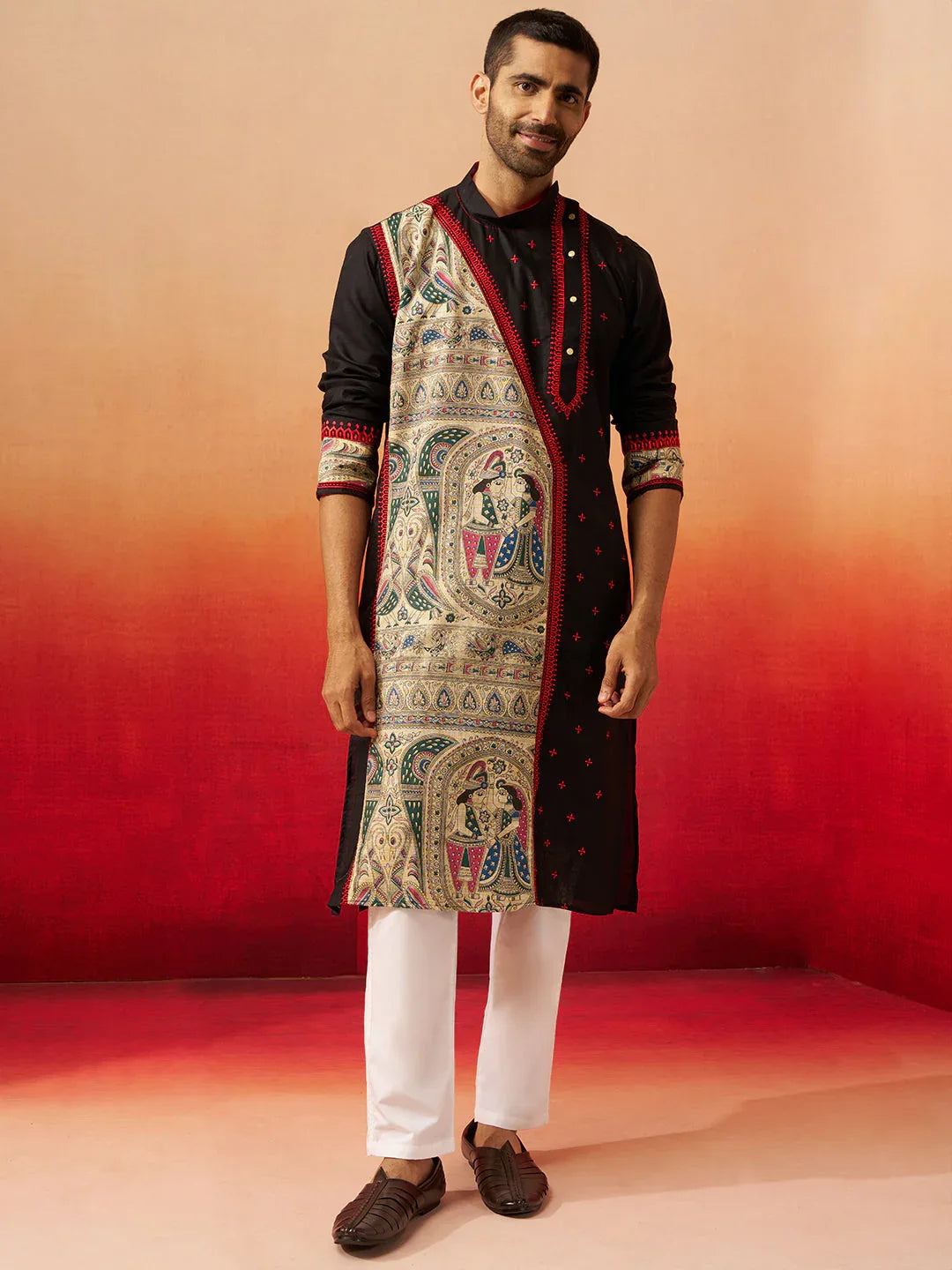 Men's Black Digital Print Kurta with Pyjama