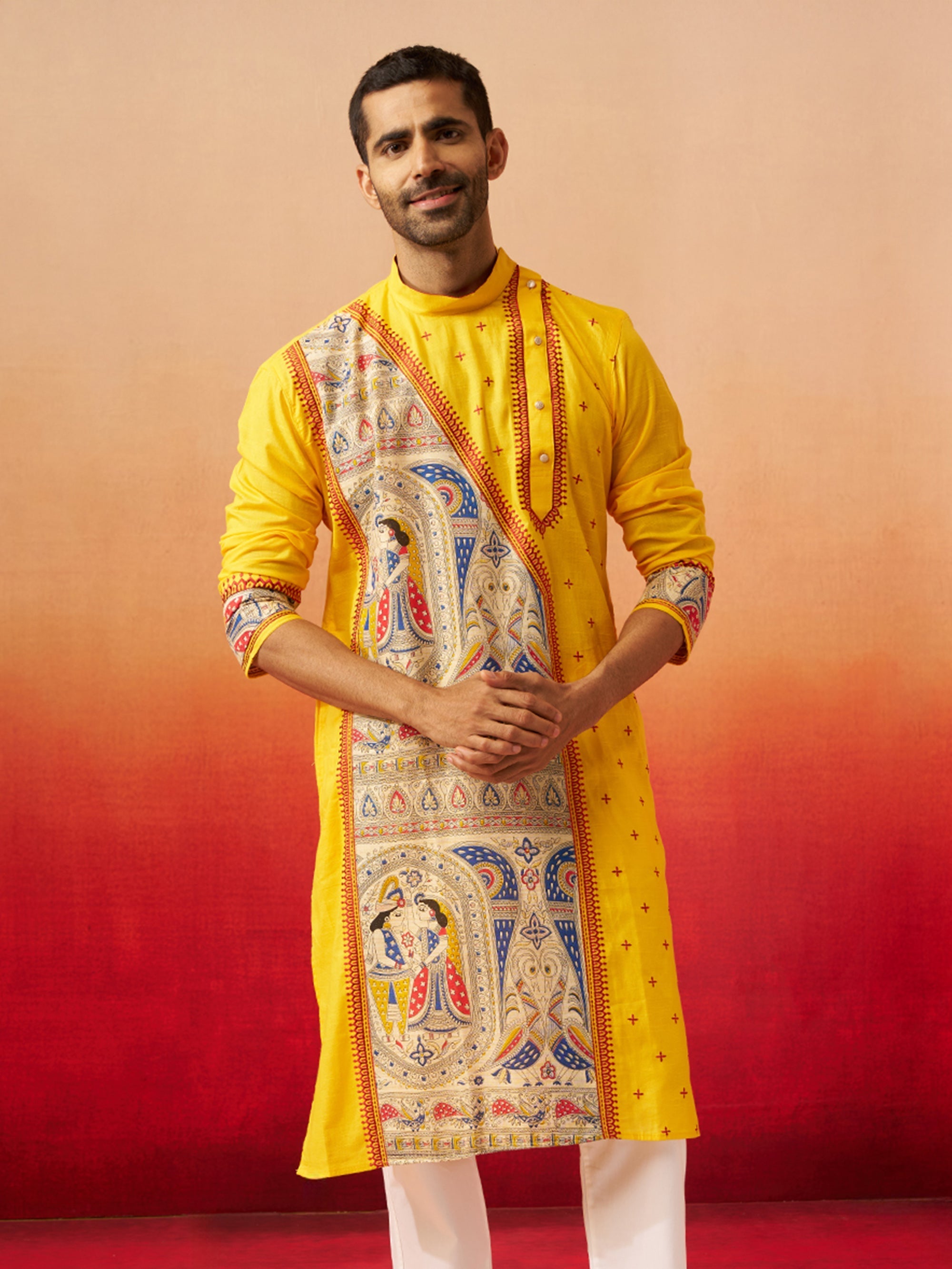 Vastramay Men Yellow Cotton High Neck Digital Print Kurta