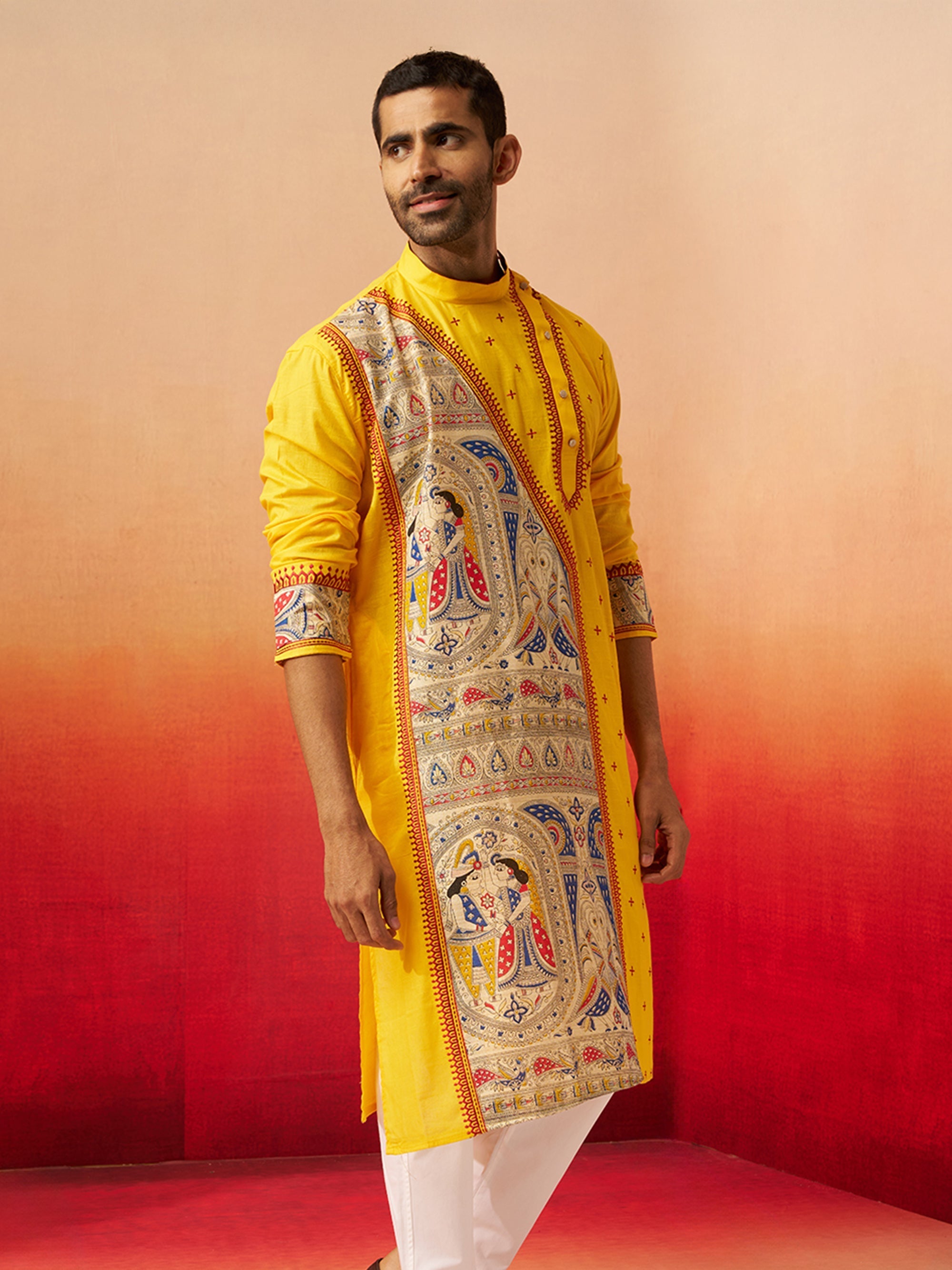 Vastramay Men Yellow Cotton High Neck Digital Print Kurta