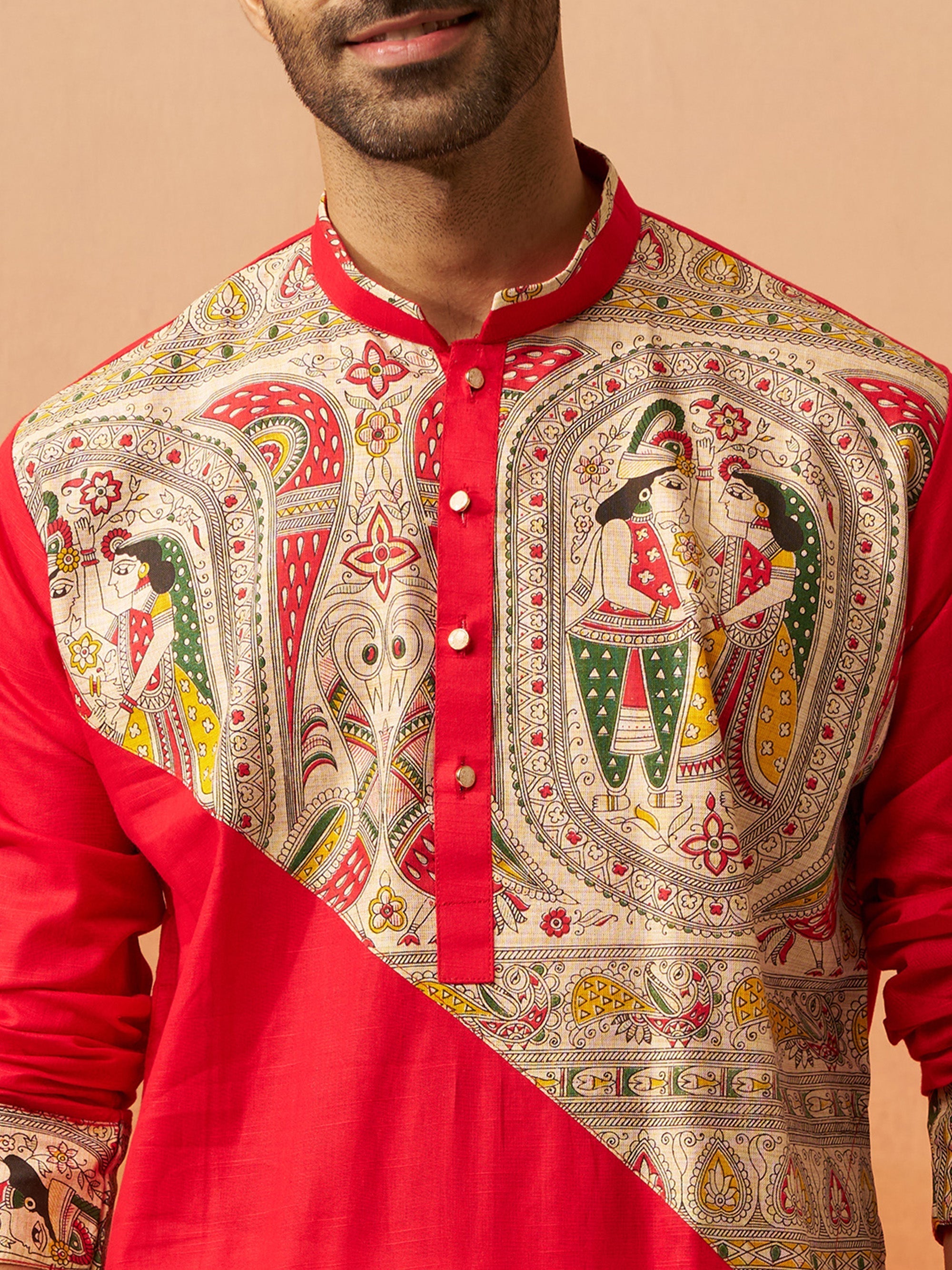Vastramay Men Maroon Cotton Digital Print Kurta